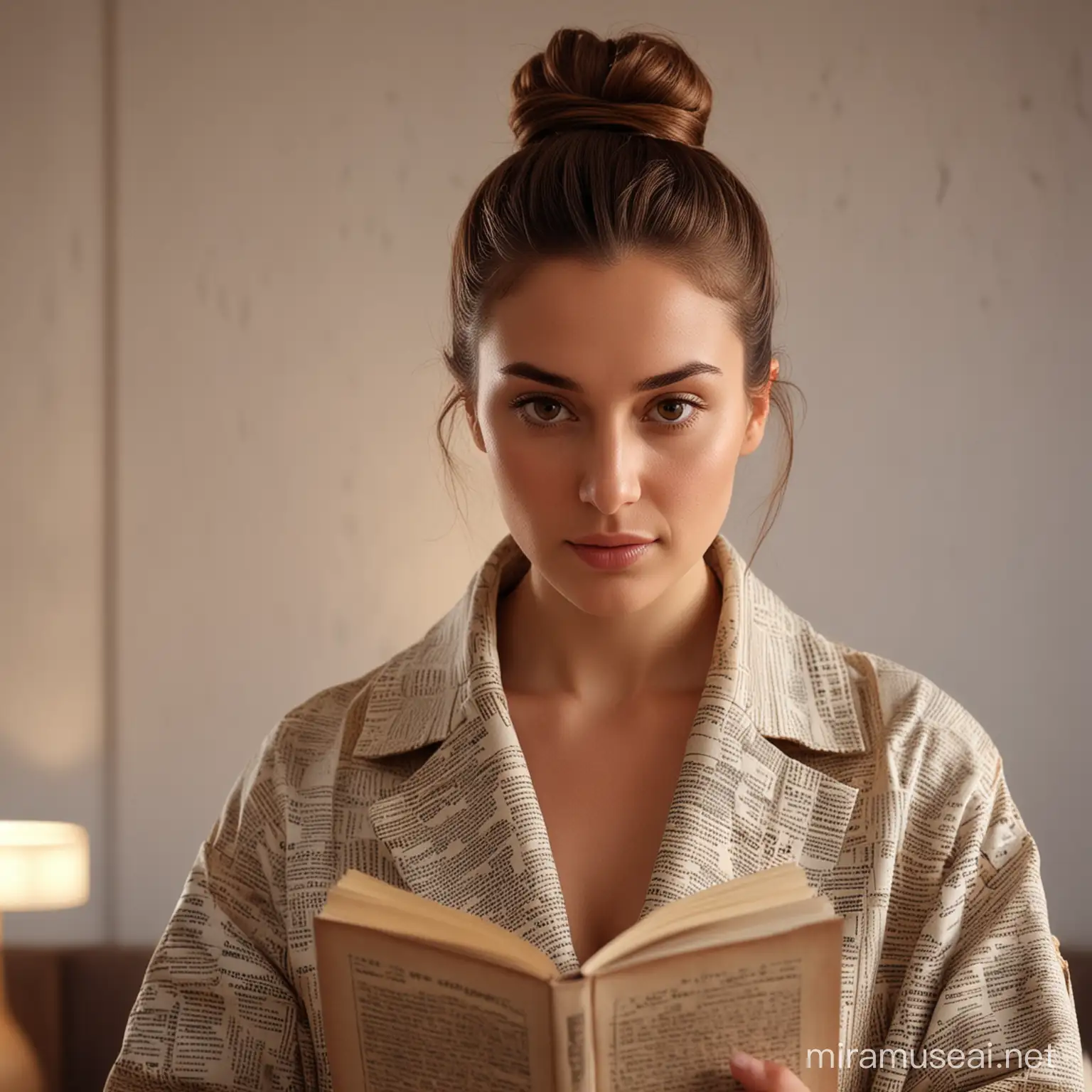 Photo, a white woman, 25 years old, brown hair in a bun, brown eyes, peaceful face, wearing a coat made out of book pages,  ambient lighting, front view, indoors, daylight, long shot, UHD, highly detailed.