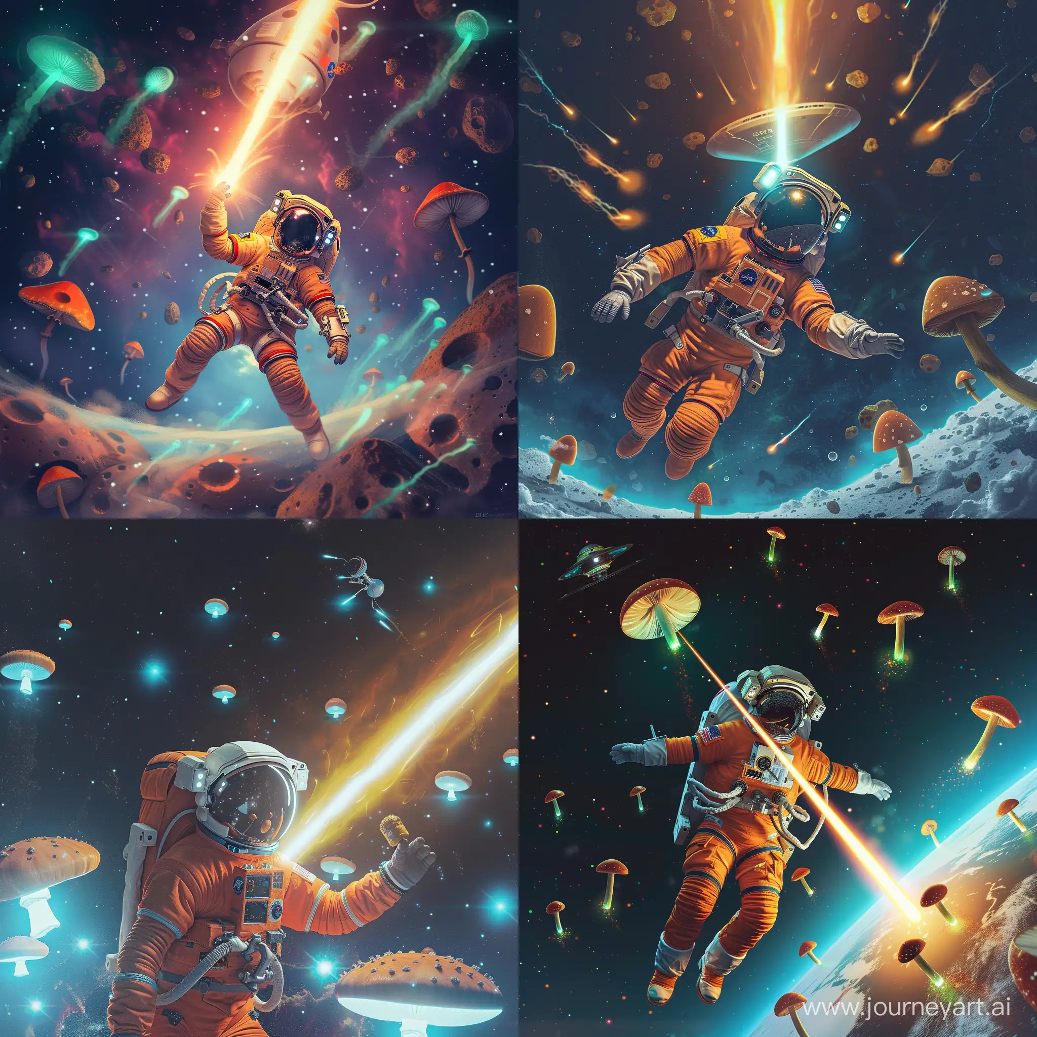 an astronaut in an orange spacesuit in space is abducted by a UFO beam, glowing mushrooms fly around