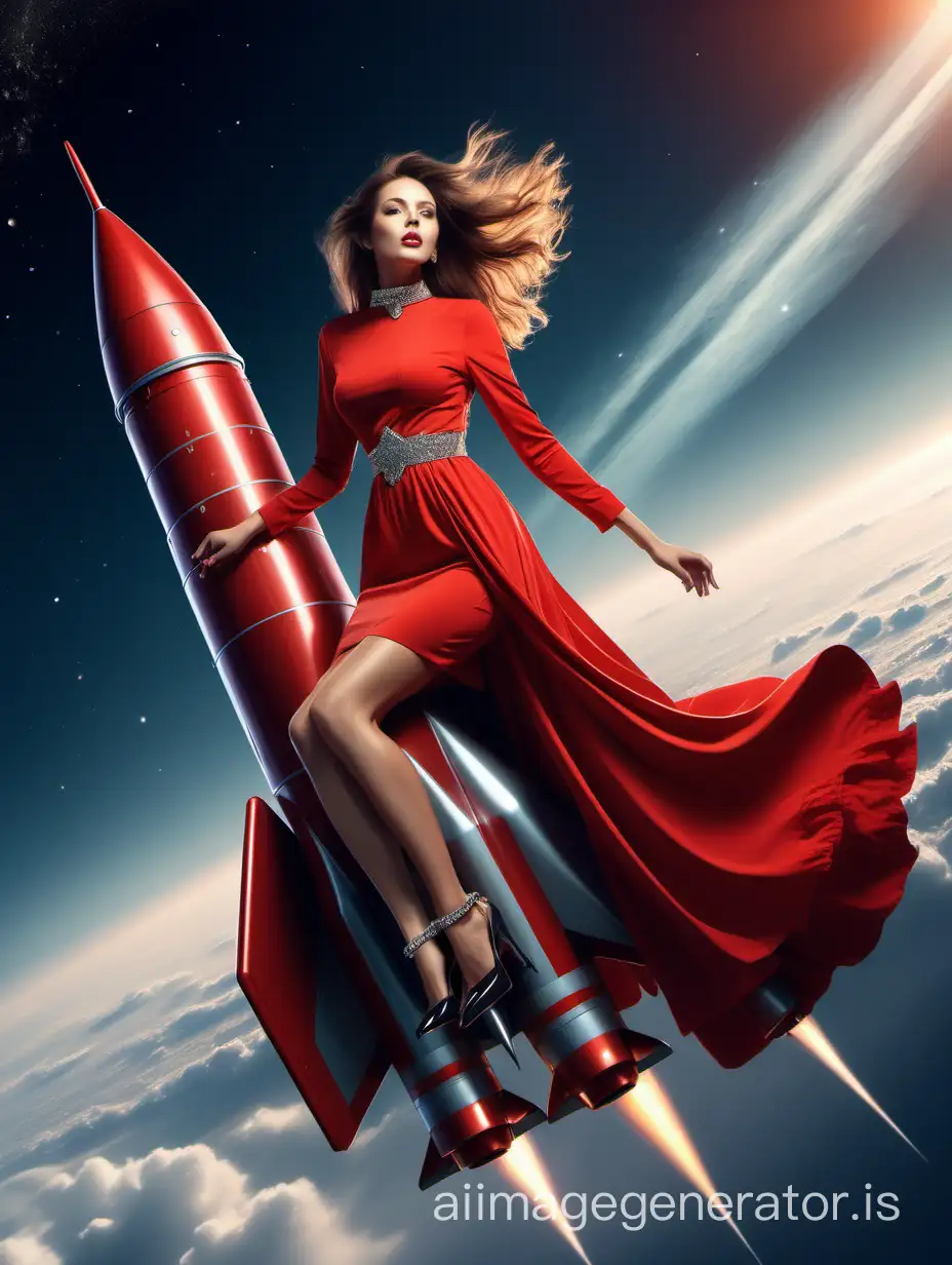 fantastic visualization of a beautiful woman riding on a rocket. She is turned her head and looking directly to me. She is flying on the metal rocket like a witch was flying riding on a broom. Full length body. She flies while riding a rocket. She on the metallic rocket flies up into the sky, she fliing in the clouds. fantastic romantic atmosphere. Vibrant colour of sunset. She is: stunning slim woman, simmetrical face, long thick hair, big bust, dressed in luxurious evening long lush red dress with high neckline and neckline, high heel shoes on her legs, choker and bracelet with rhinestones. Hair develops, dress develops during flight, flight effect, movement effect on a rocket. hd, 8k, ultra high definition. Style: Ultra-realistic digital painting with intricate details, photo-realistic. Rendered in a hyper-realistic style. correct body proportions, correct legs
