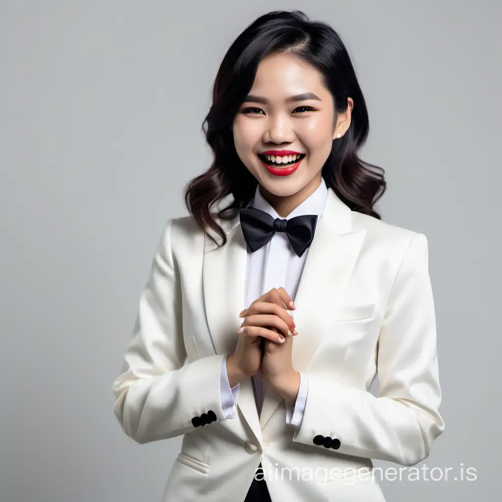 cute and sophisticated and confident vietnamese woman with shoulder length hair and lipstick wearing an ivory tuxedo with a white shirt with cufflinks and a black bow tie, clasping her hands, laughing and smiling
