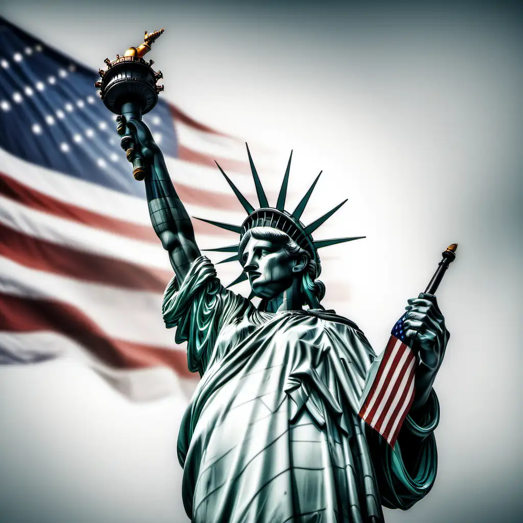 statue of liberty with an american flag as background