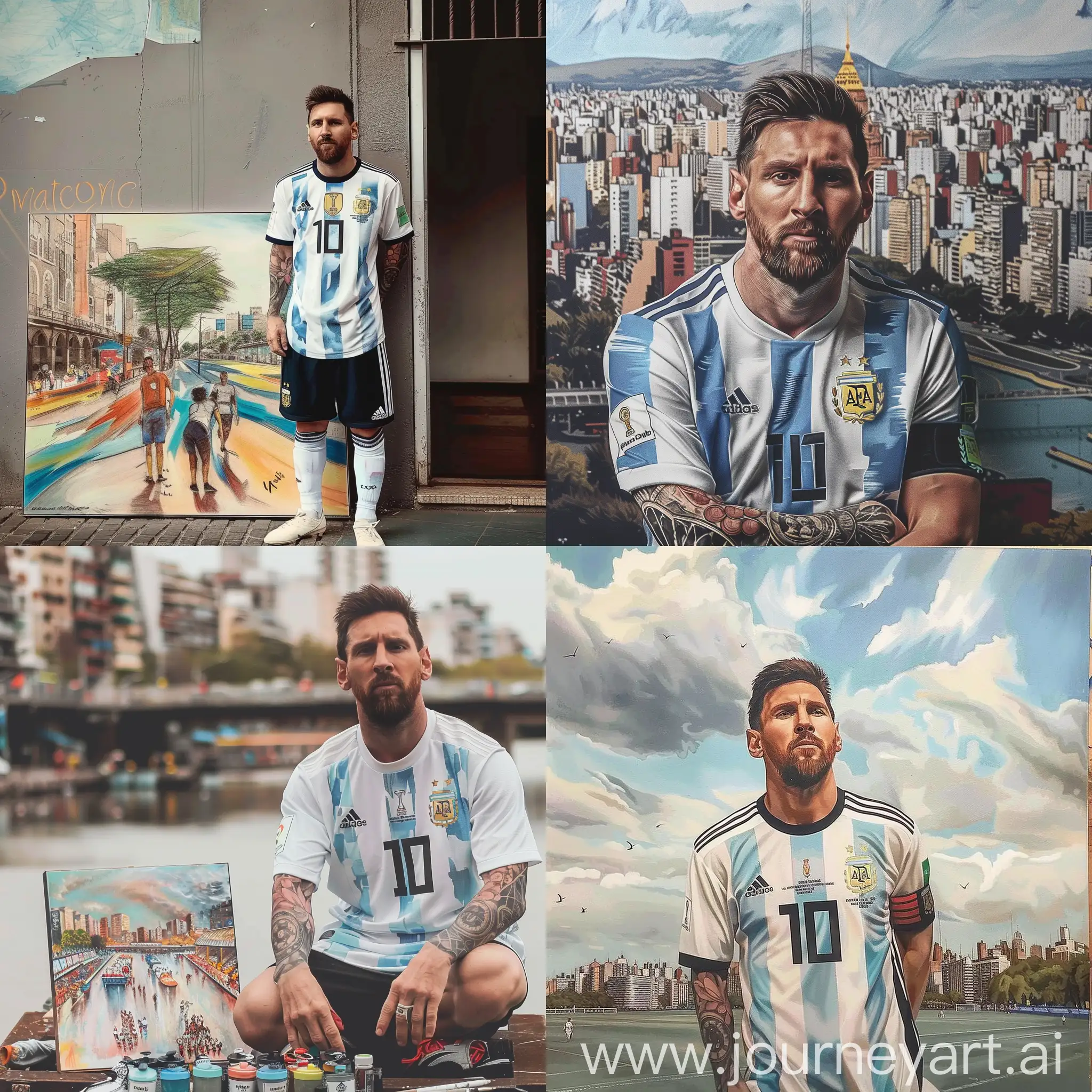 A picture of Messi next to Buenos Aires with a realistic drawing