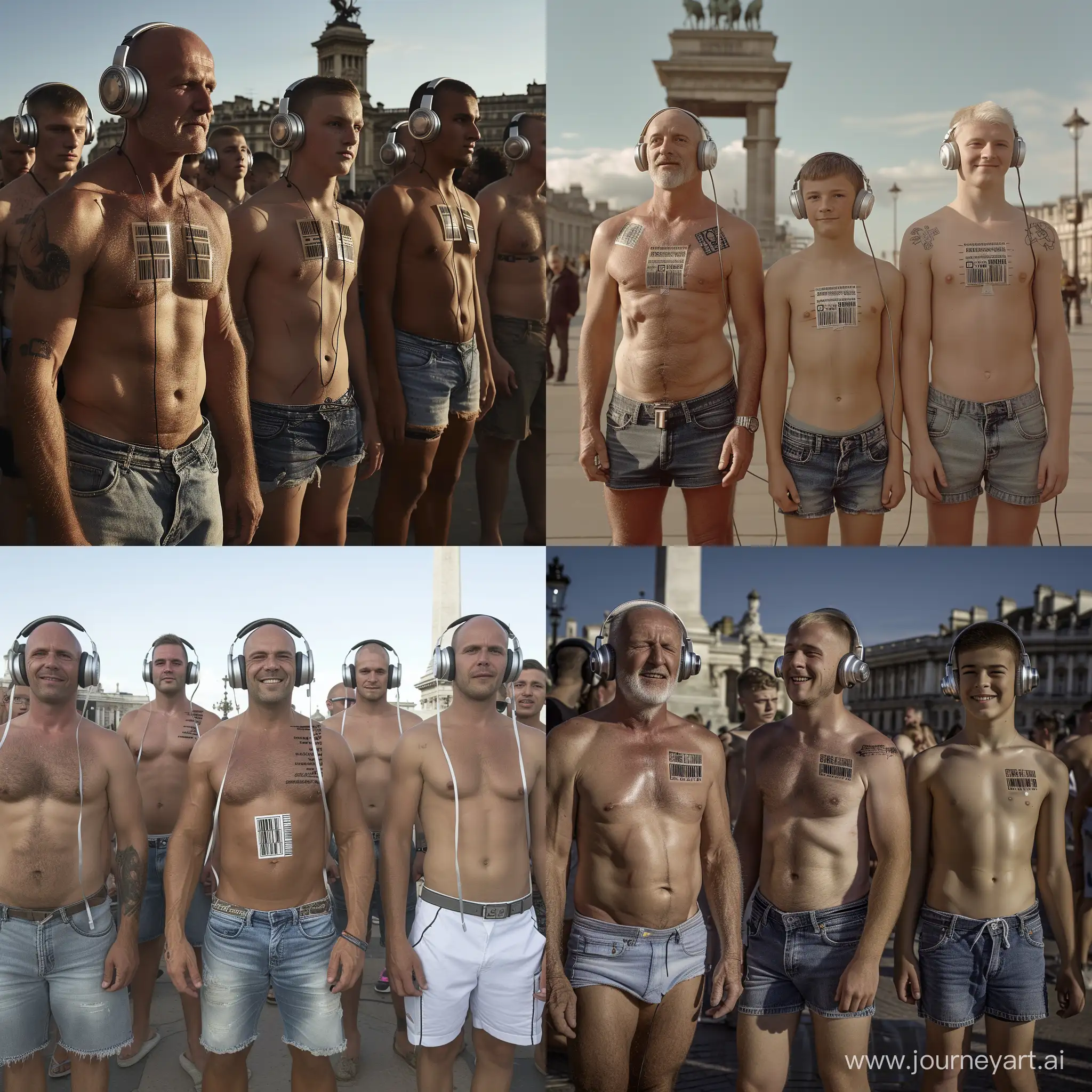 Handsome muscular middle-aged men and handsome muscular college-age boys each wear silver headphones and fitted denim cutoff shorts, dazed smiles, small barcode tattooed on each man's chest, Trafalgar Square setting, facing the viewer, mass indoctrination, hyperrealistic, cinematic