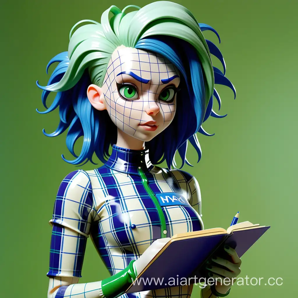 Latex-Girl-Notebook-Transformation-Blue-Plaid-with-Green-Rubber-Hair