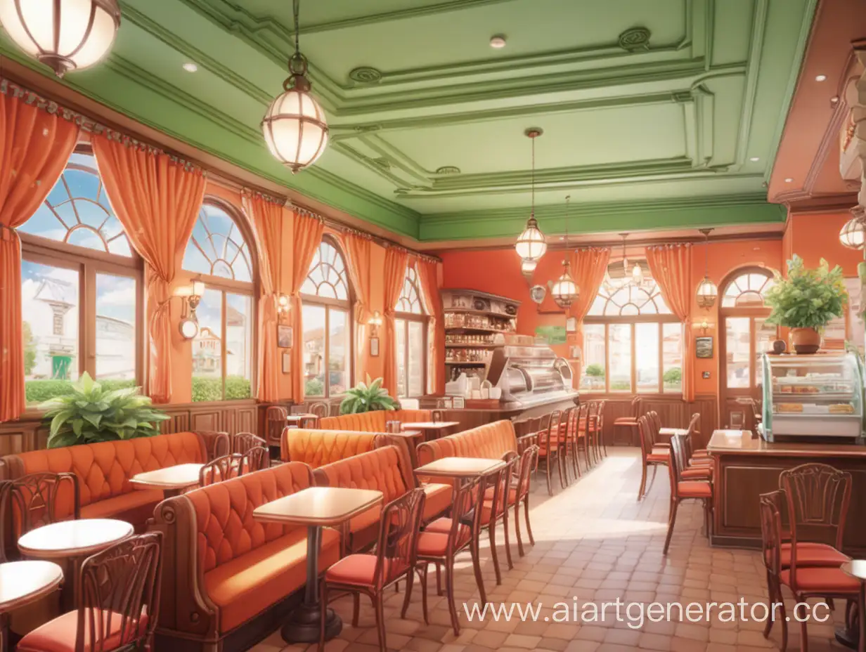 Интерьер красивого кафе в стиле Аниме. Главные цвета это зеленый, оранжевый и красный
