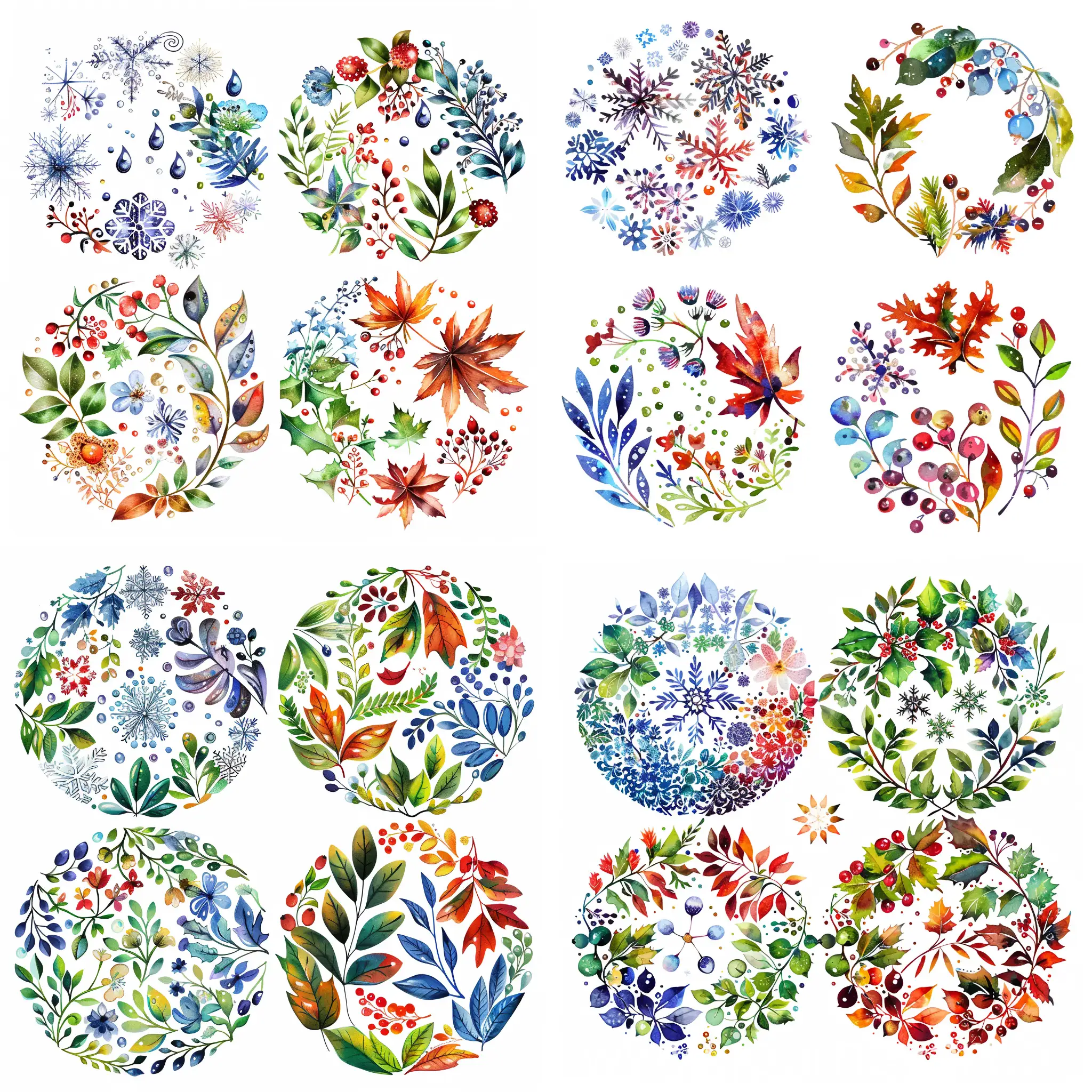 four symmetrical round ornaments, the first ornament theme is winter with snowflakes, the second ornament theme is spring, with drops, small flowers, the third ornament theme is summer with leaves of flowers, the fourth ornament theme is autumn, with berries and autumn leaves, on a white background, vector style, watercolor, decorative, flat drawing
