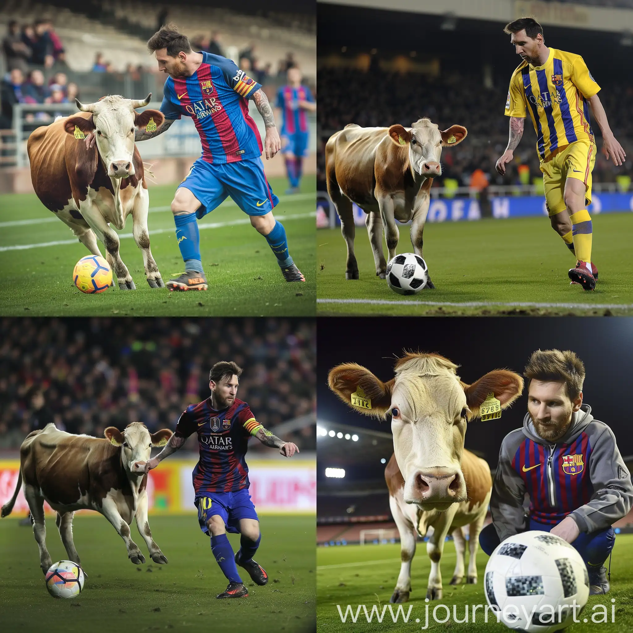 a cow play soccer with leonel messi