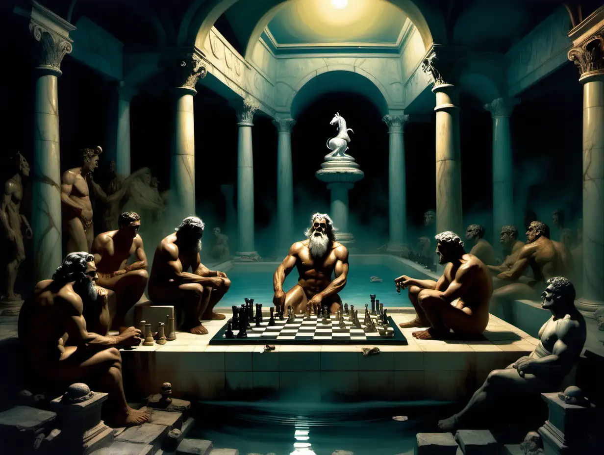 Zeus playing chess  in an  ancient Rome bath house at night in style of surrealism by frank frazetta