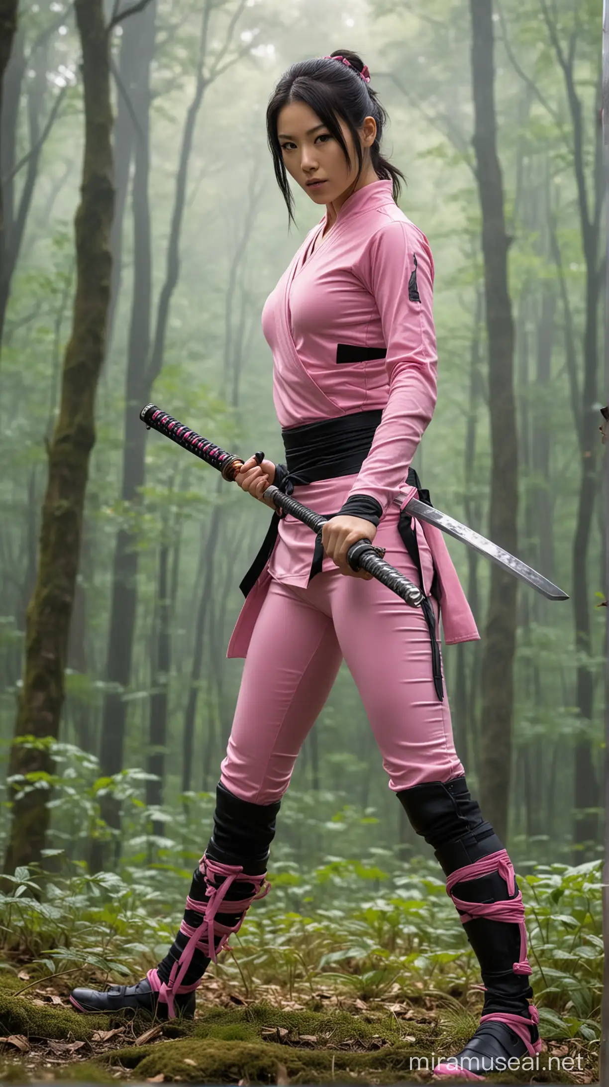 highest definition photography, fictional figure of female ninja, beautiful, sexy, wearing pink full tight ninja costume, katana sword, green forest, dense, quiet, cloudy weather as background
