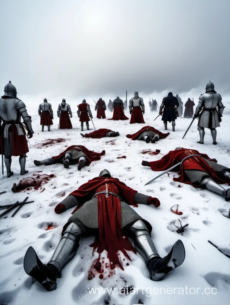 последствия оконченной средневековой битвы зимой в поле, много трупов рыцарей, много огня, много крови горизонт в центре, ракурс снизу вверх, сильная снежная метель, яркая погода