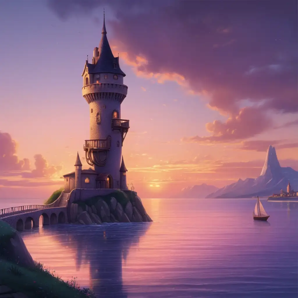 In the style of Atmospheric Illustration, show me a singular tower (like in Rapunzel), overlooking an ocean during a sunset. There is nothing but the tower or water in the scene. Do not show rapunzel