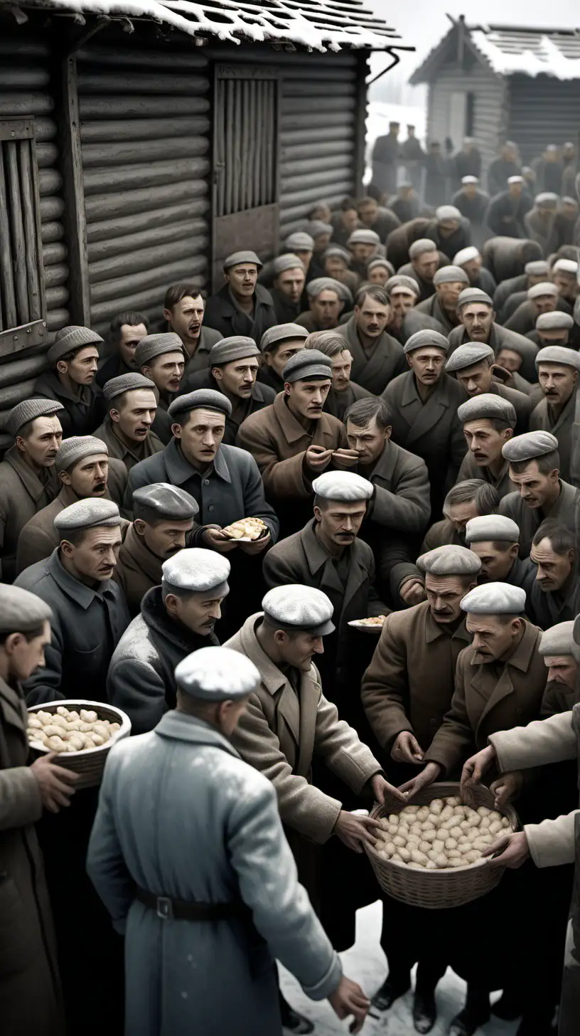 crea una imagen de esto: Prisioneros recibiendo raciones de comida, descripción filas de personas hambrientas esperando, época década de 1930 en invierno, lugar zona de distribución de alimentos en el Gulag, acción extendiendo sus manos para recibir una pequeña porción de comida, la imagen debe ser hiper realista.