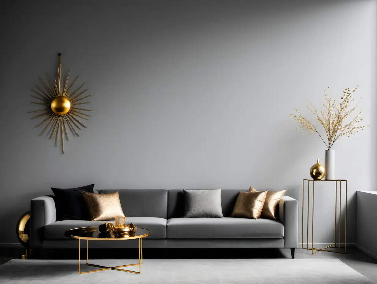 Commercial Photography, modern minimalist living interior with light grey wall and golden decor