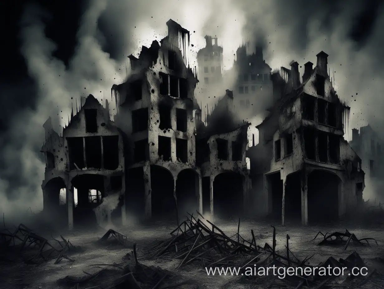 Surrealistic-2D-Horror-Art-Crumbling-Ashen-Houses-with-Dripping-Black-Flames