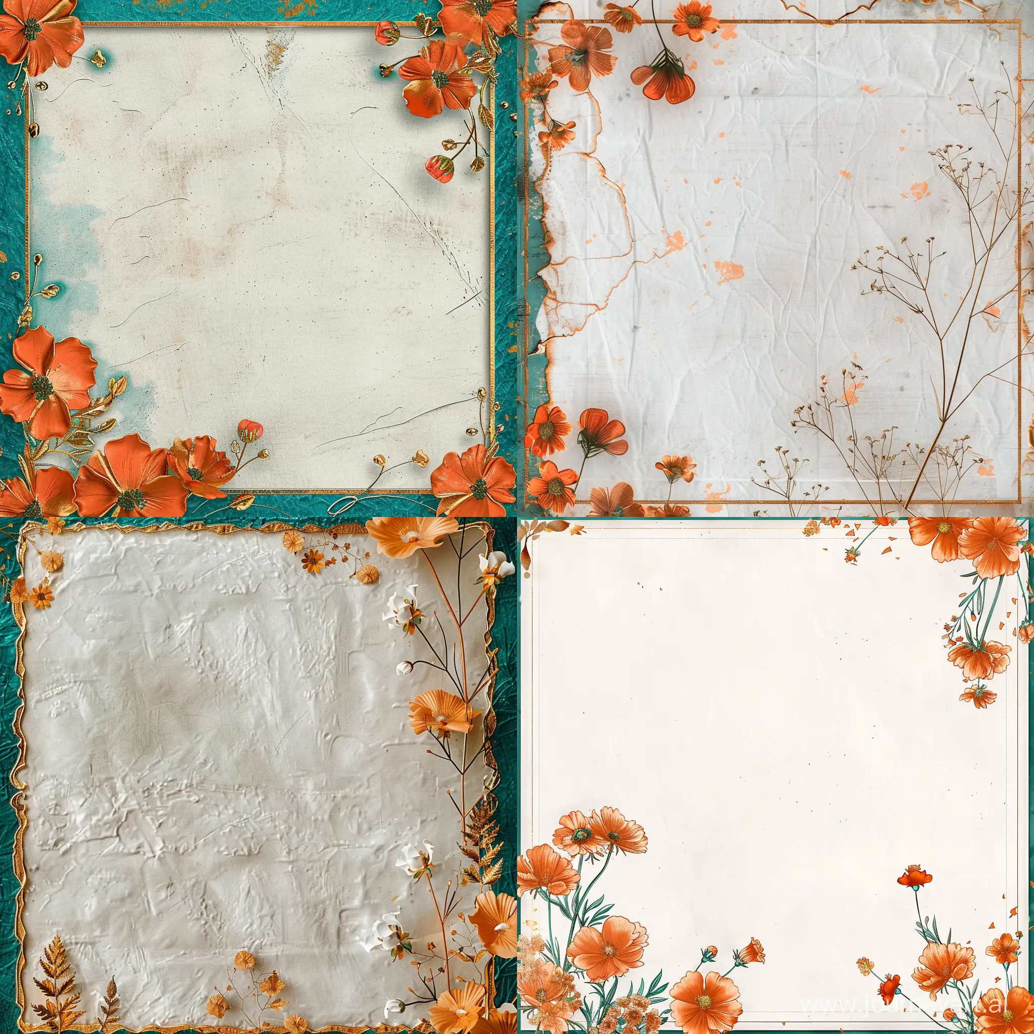 an empty papyrus-like white background frame with flowers and gold border, in the style of orange and teal, animated gifs, close up, earthy textures, monochromatic elegance, playful use of line with some intricacies in art nouveau style, bloomcore