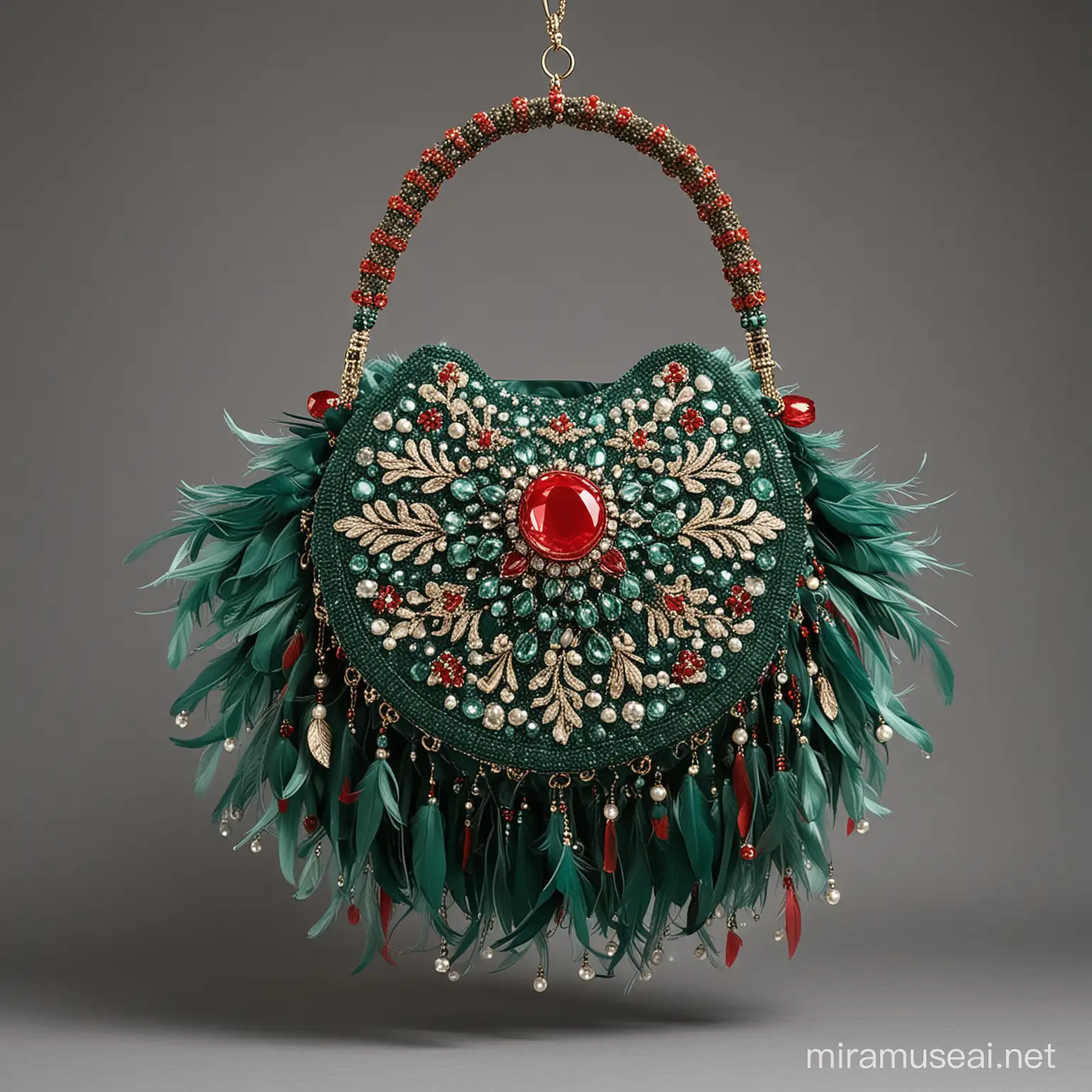 Luxurious Circular Handbag with Green Water Diamonds Pearls and Phoenix Feathers