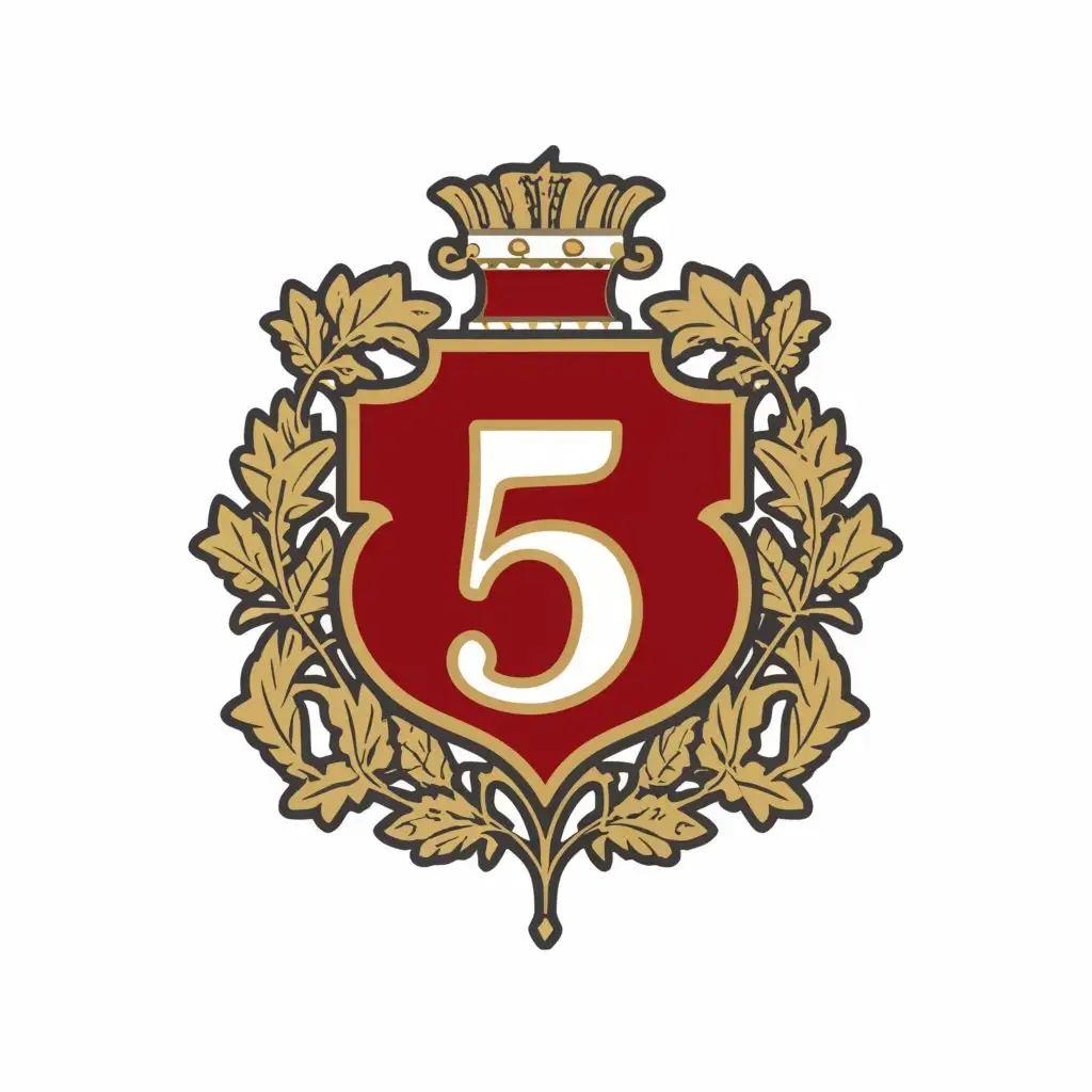 a logo design,with the text "5", main symbol:regiment emblem, historic, caligraphy, white background, red, white, gold, circular,Moderate,clear background