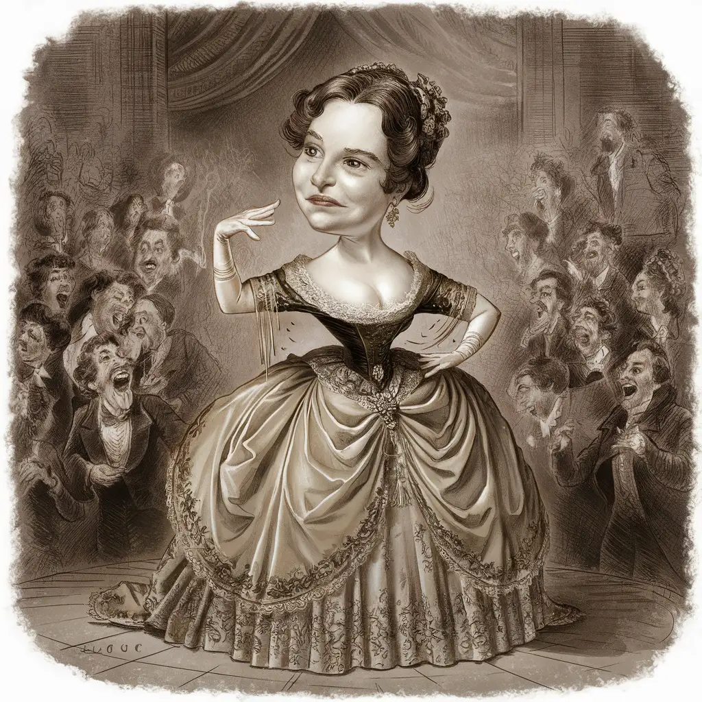 19th century. The actress on stage in the theater forgot the words, as she was showing off in a new dress, posing for the audience. The drawing is caricatured, as if with a pencil, crayons or pastels. The audience starts laughing, and the actress is at a loss. She tries to remember the words of her role, but she can't