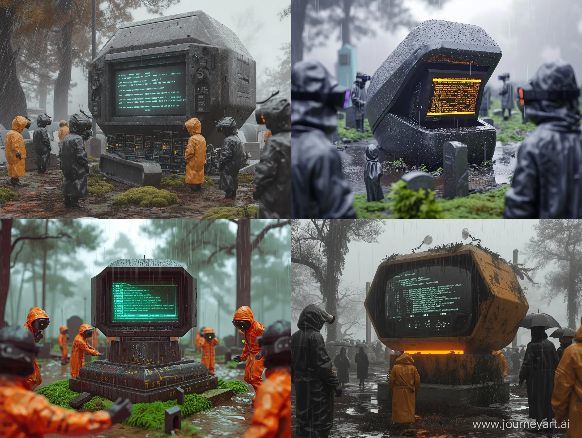 the funeral of the main software developer in the cemetery, a huge closed cyber coffin in the center. the coffin has a built-in monitor from the 80s on which the program code is written,  little engeneers mans in raincoats and wearing black glasses around, very realistic, sad, rainy weather