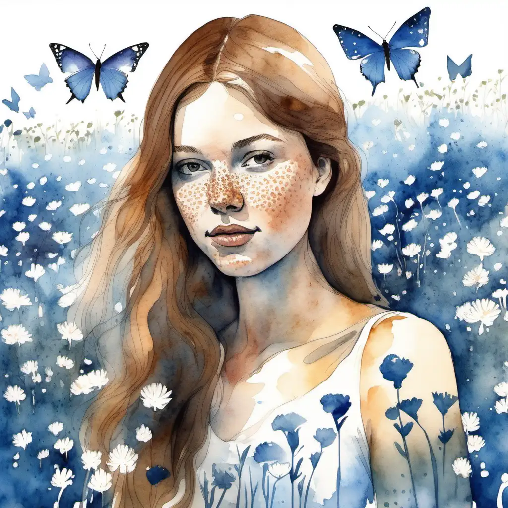 Aquarell painting of Scandinavian girl in her early twenties, brown hair and a few freckles on her nose, without clothes, Covered by white and blue butterflies, in the middle of a flourishing flower field