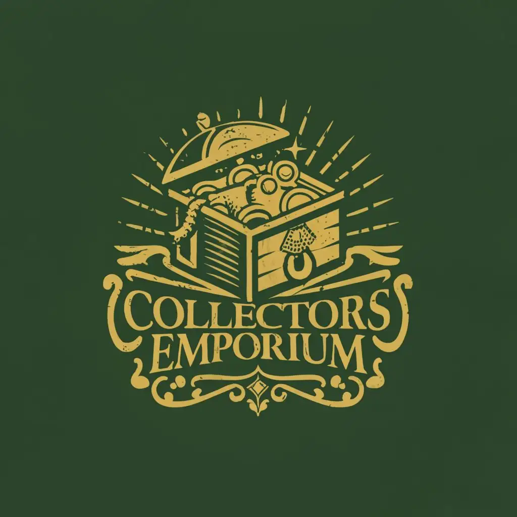 big logo, treasure box, with the big text "collectors emporium", typography, green, be used in Retail industry