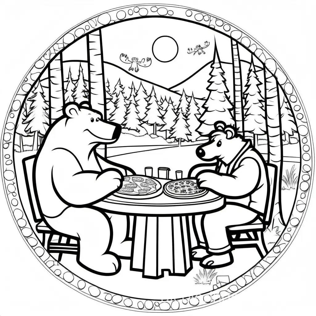 one large bear next to ((one moose)), sitting at a picnic table, eating pizza, inside of a circle, isolated in white space, Coloring Page, black and white, line art, white background, Simplicity, Ample White Space. The background of the coloring page is plain white to make it easy for young children to color within the lines. The outlines of all the subjects are easy to distinguish, making it simple for kids to color without too much difficulty