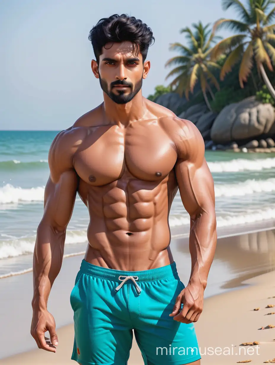 Tall and handsome muscular Indian men with beautiful black hairstyle and beard with attractive grey eyes with big wide shoulder and chest showing his six abs at beach