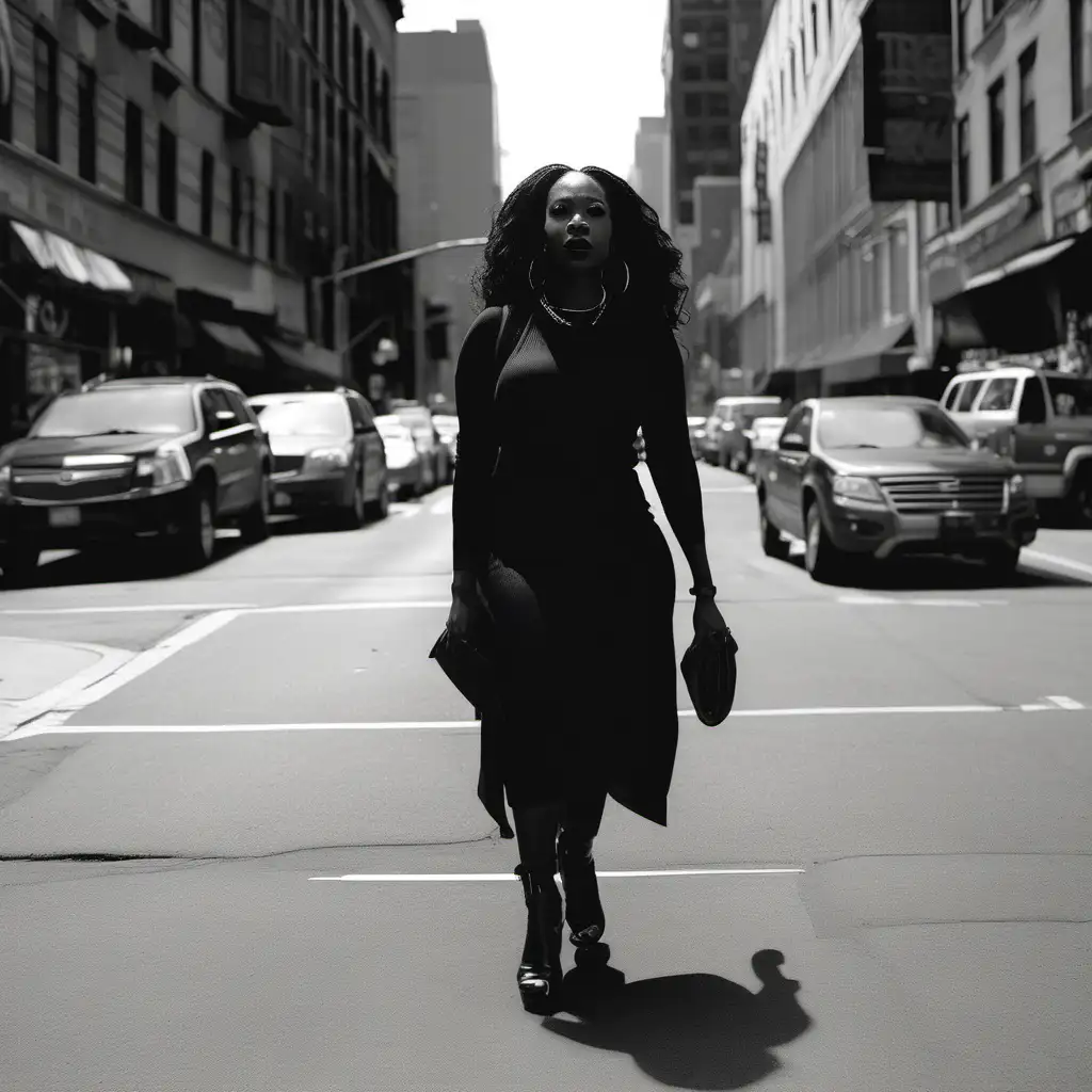 a black women, dressed in all black, walking down a city street
