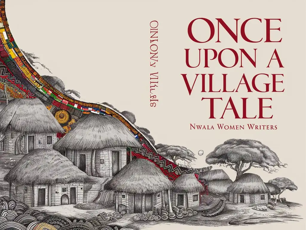 book cover, African mythology and folklore, showcasing pencil drawing of african village with huts infused with mythology at the bottom of the cover, traditional patterns, and symbolic elements Flowing out of the bottom rising to the top in full colour. Title 'Once Upon A Village Tale' Author "Nwala Women Writers"
