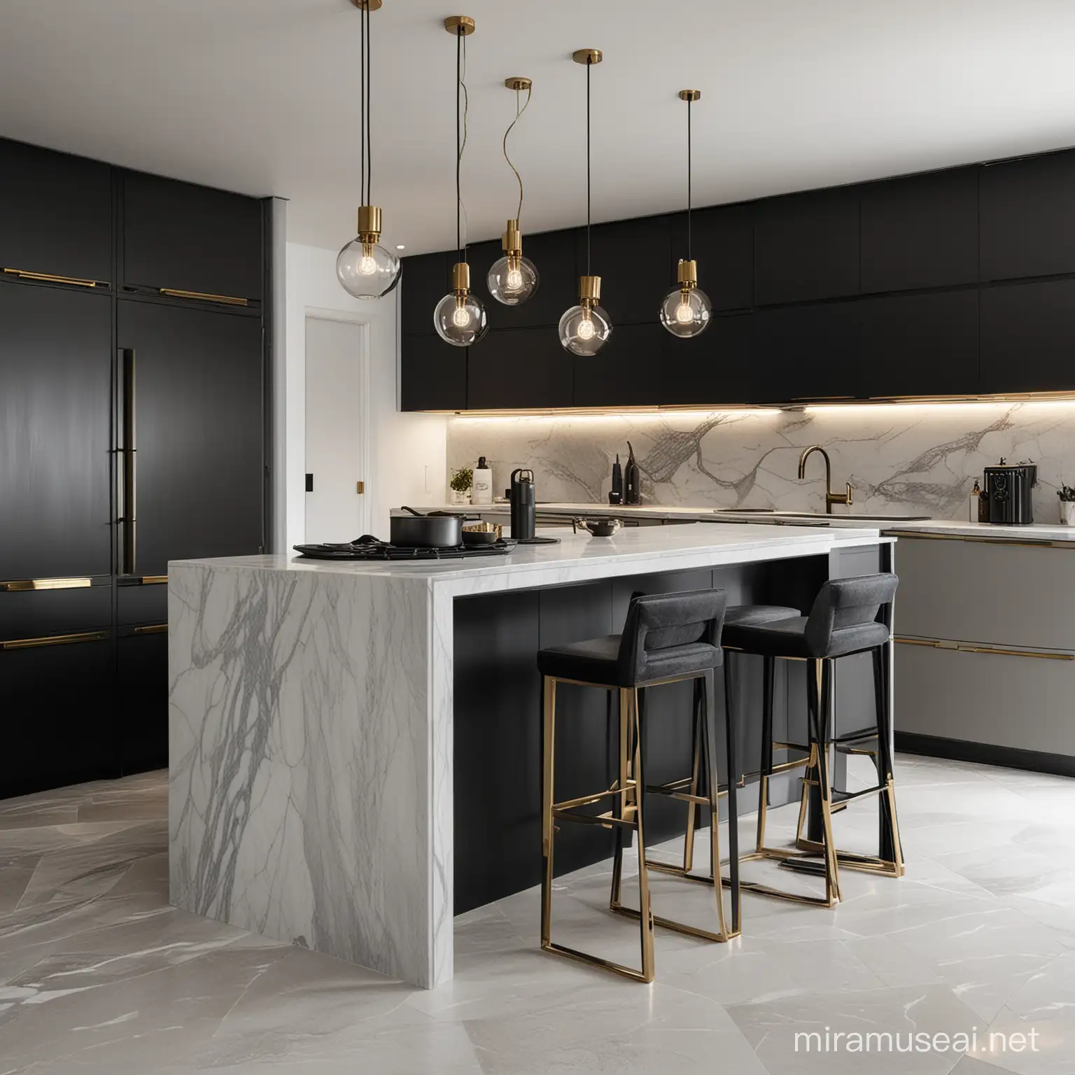 black, light grey, black wood, marble , modern kitchen with brass elements, amazing modern lamps, 