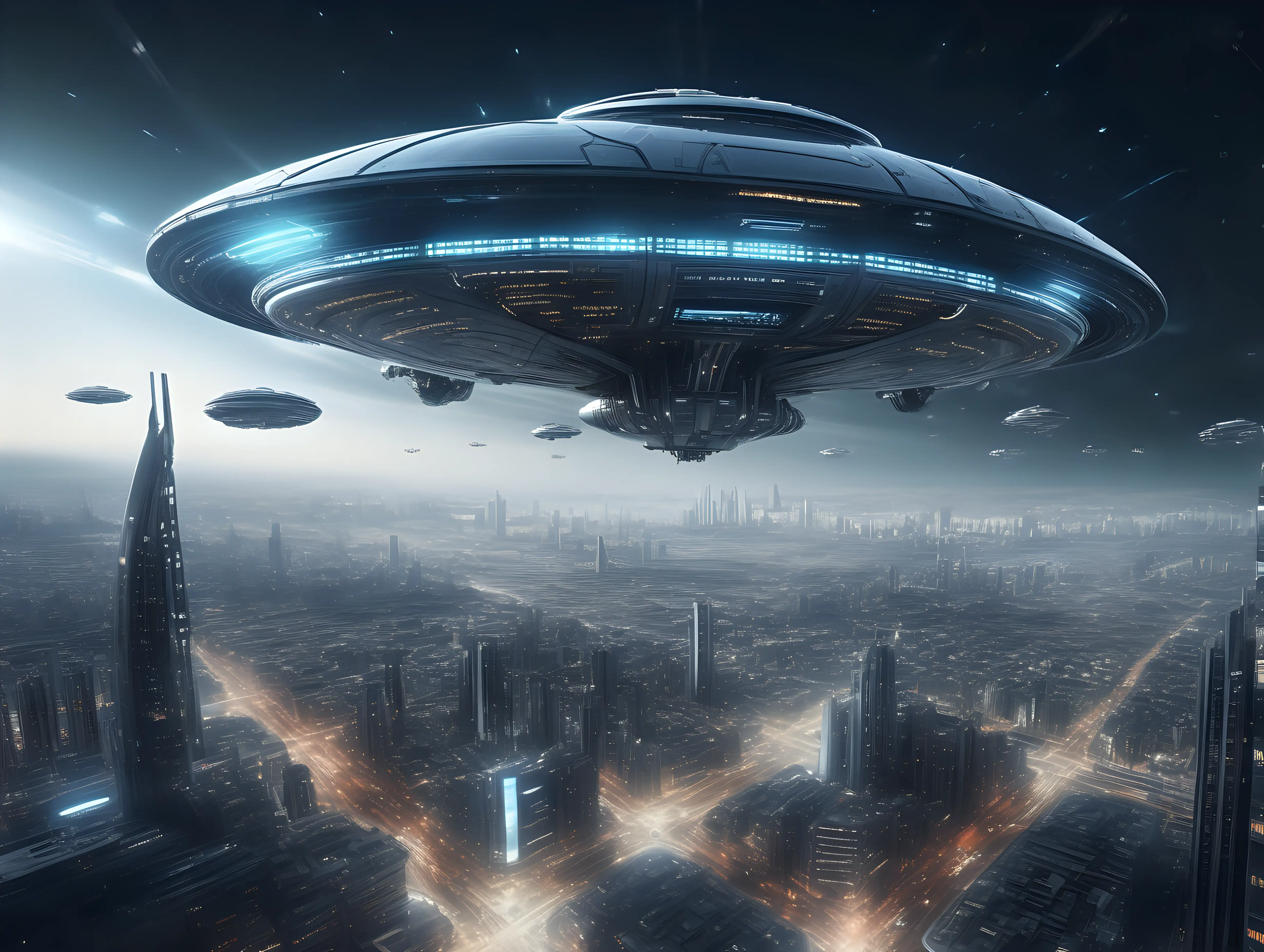 Futuristic Cityscape with Hovering Spaceship at Night