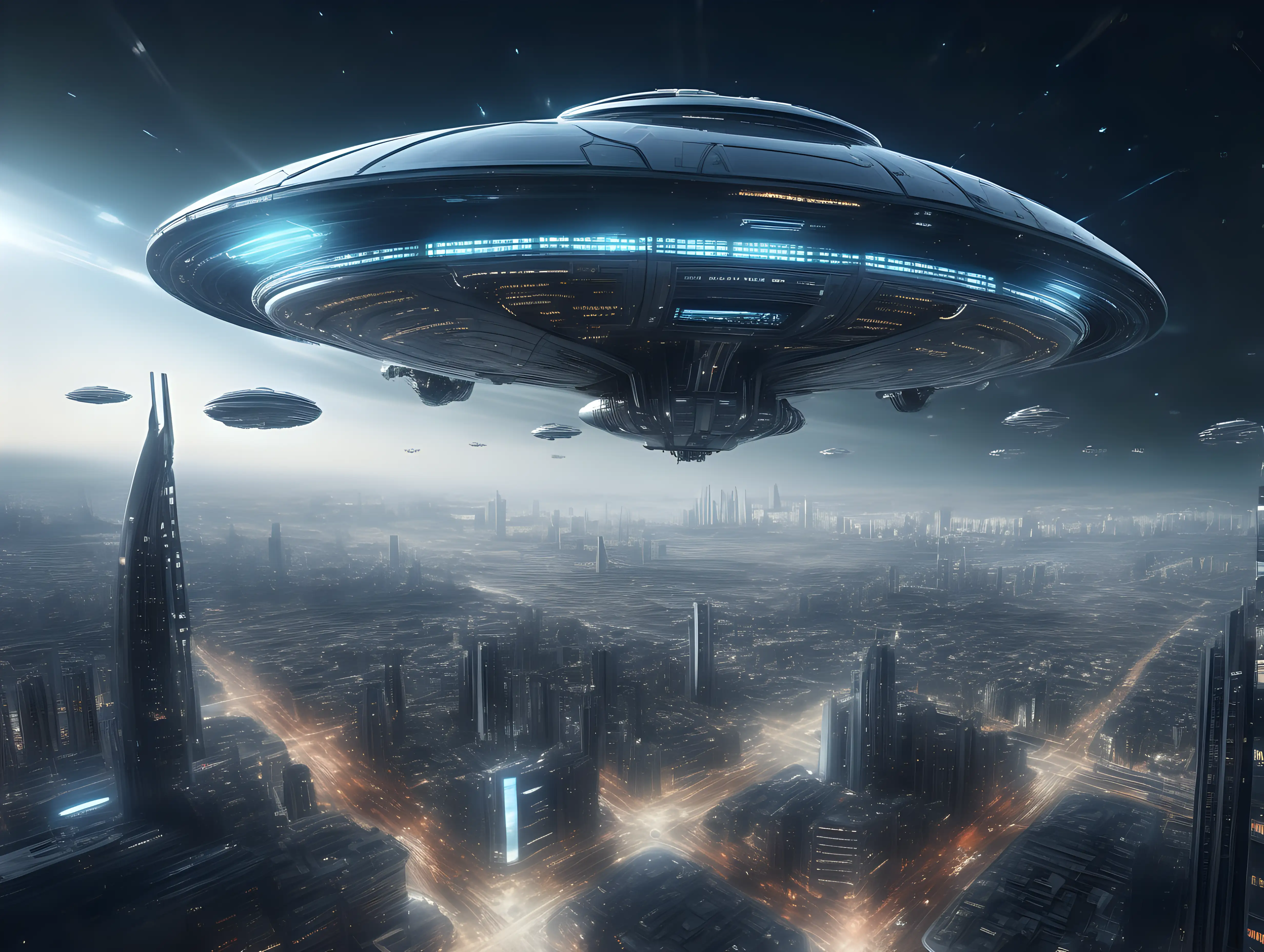 ultra-realistic high resolution and highly detailed photo with depth-perception of a futuristic city in the background with a large space ship full of lights hovering above the city 