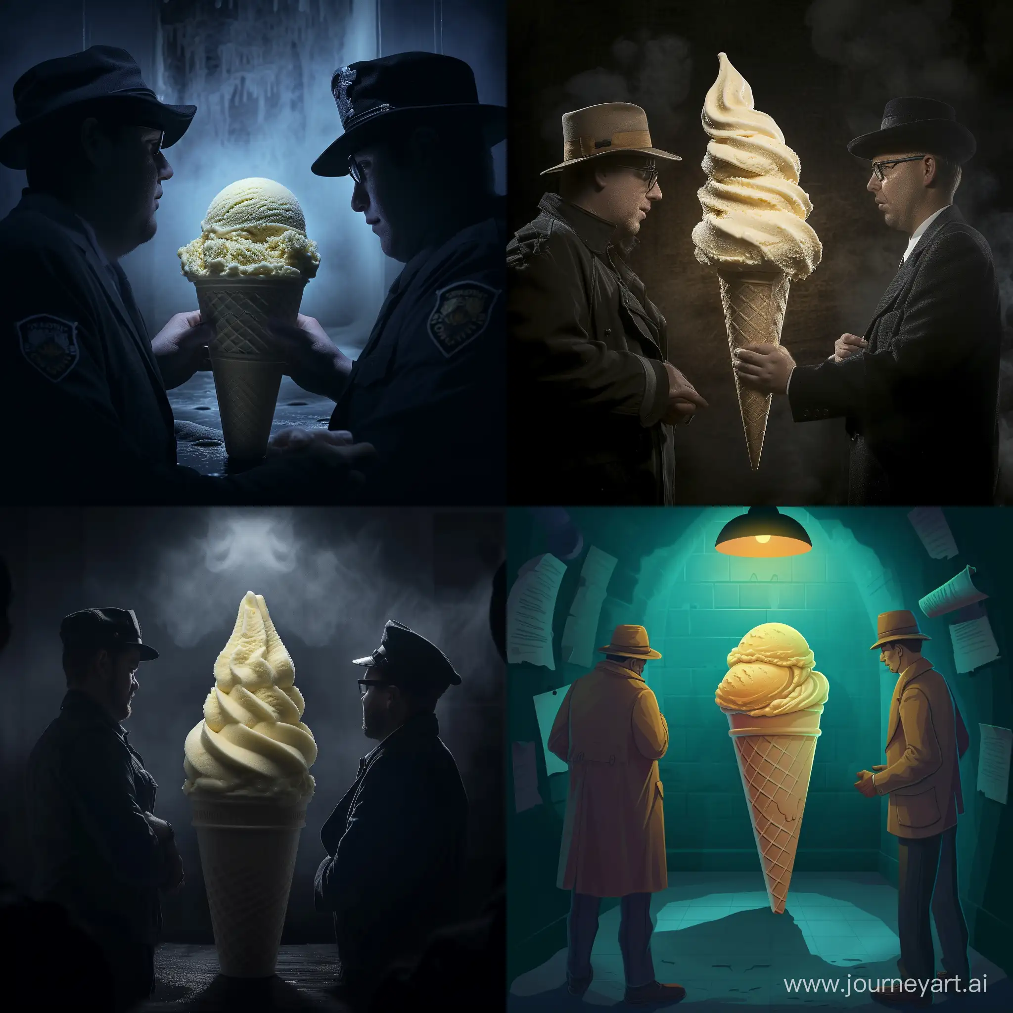 a pint of delicious ice cream is being interrogated in a dark room by 2 detectives --v 6 --ar 1:1 --no 28721