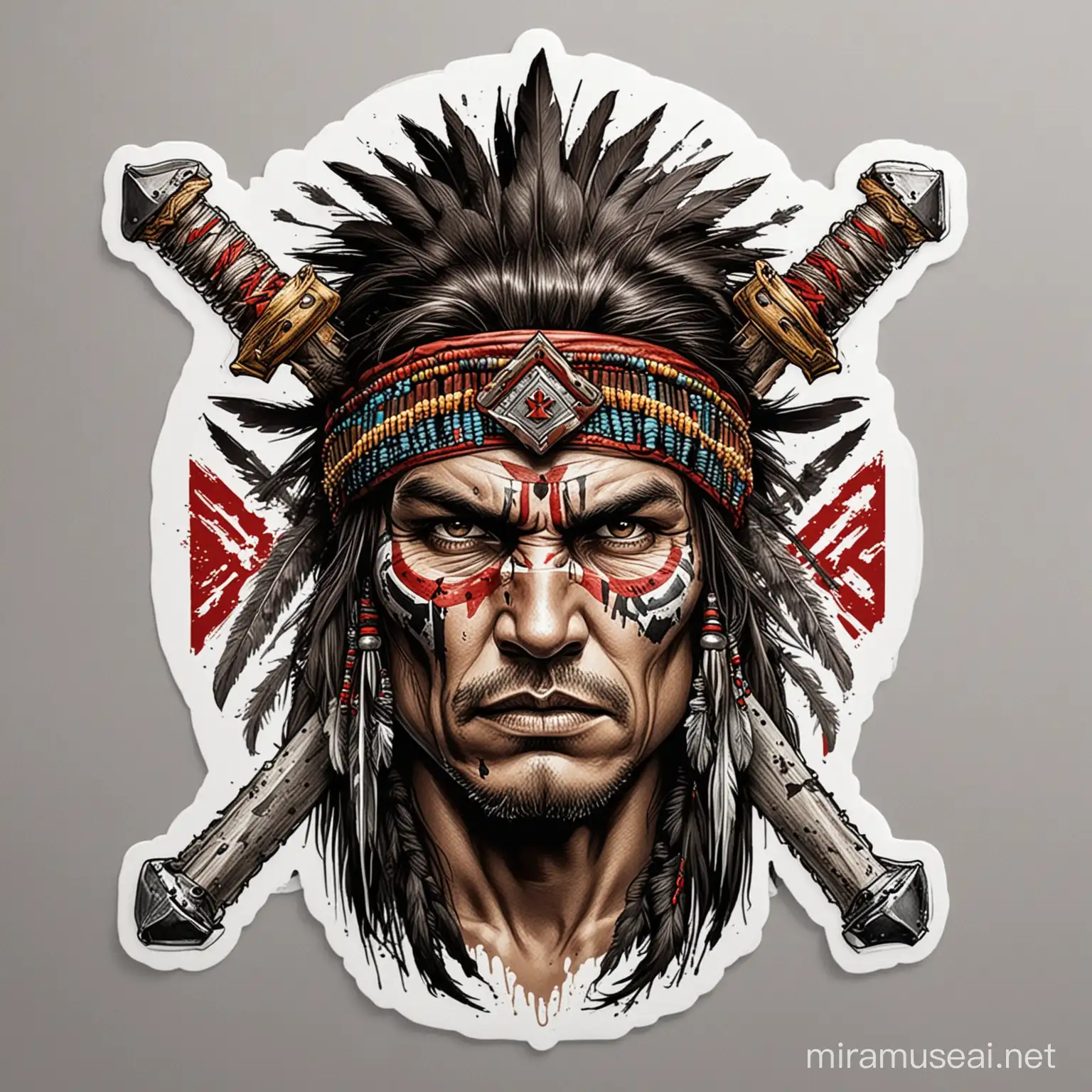 Apache Warrior Comic Sticker with Crossed Tomahawks on White Background