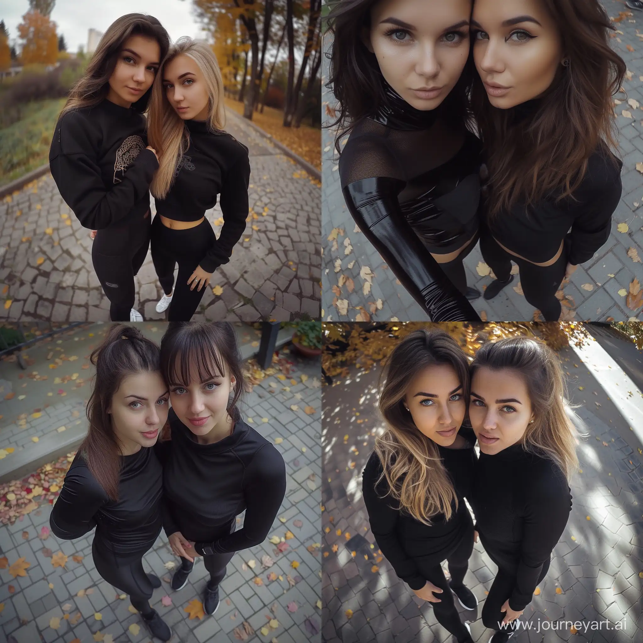 a couple of women standing next to each other, instagram, wearing black tight clothing, wideangle pov closeup, russian girlfriend, autum,  leggins, best friends, taken on go pro hero8, super close up shot, in a square, 