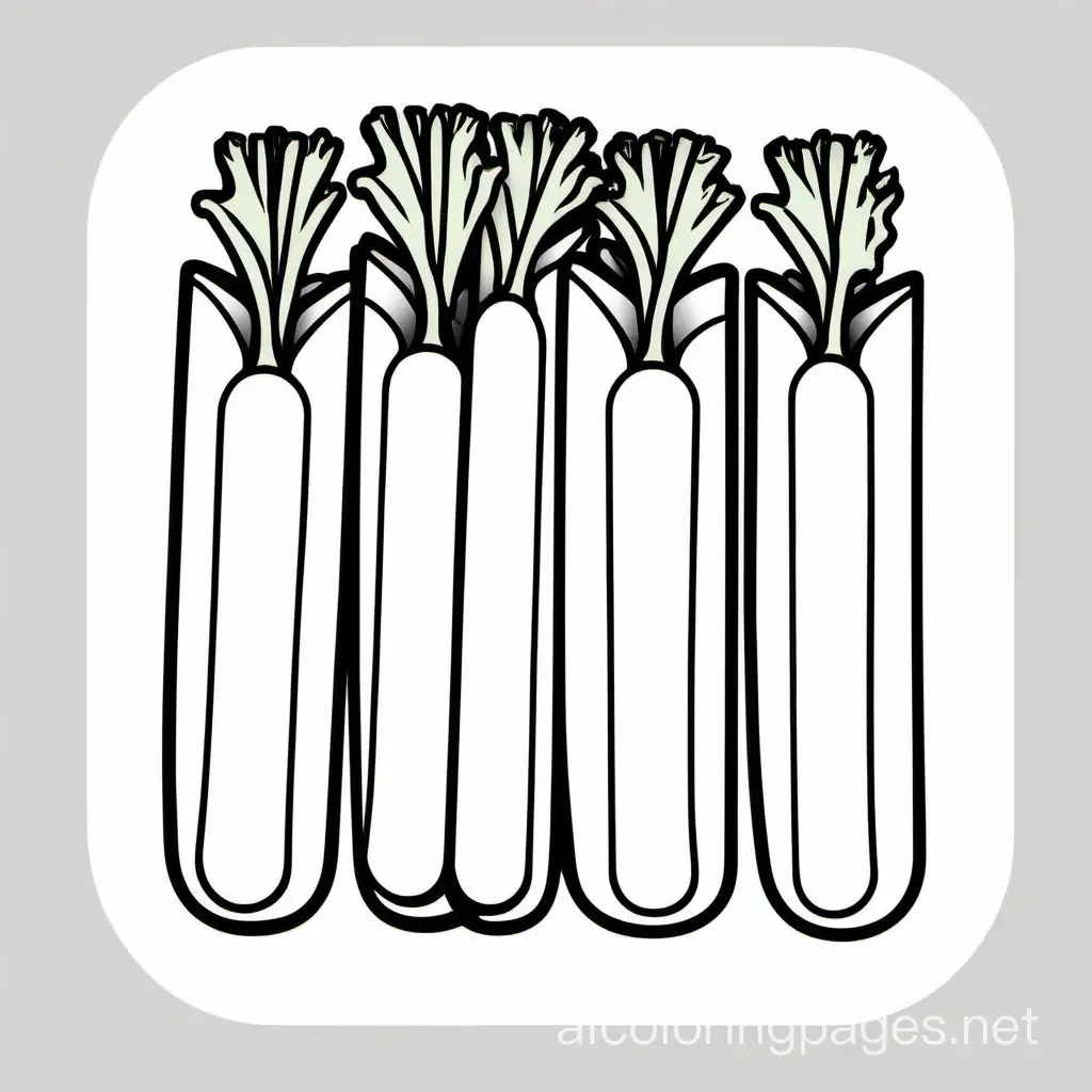 Create a bold and clean line drawing of a three Celery sticks. without any background, Coloring Page, black and white, line art, white background, Simplicity, Ample White Space. The background of the coloring page is plain white to make it easy for young children to color within the lines. The outlines of all the subjects are easy to distinguish, making it simple for kids to color without too much difficulty