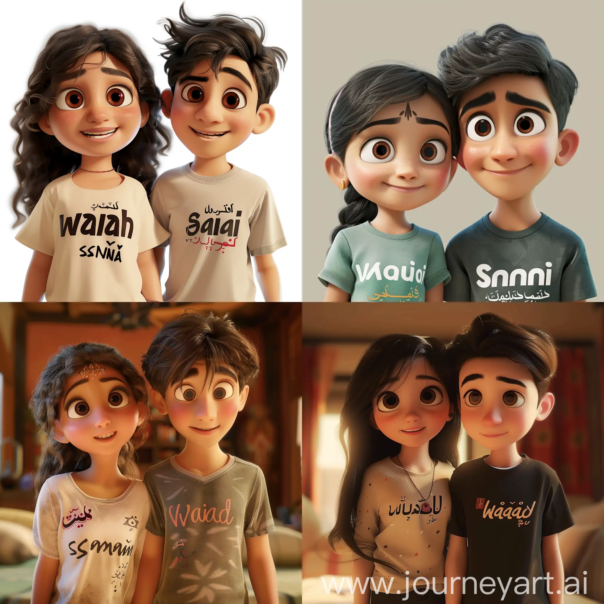 a cute young couple, on girls shirt there is awais written and on boys shirt there is sania written, pixar style
