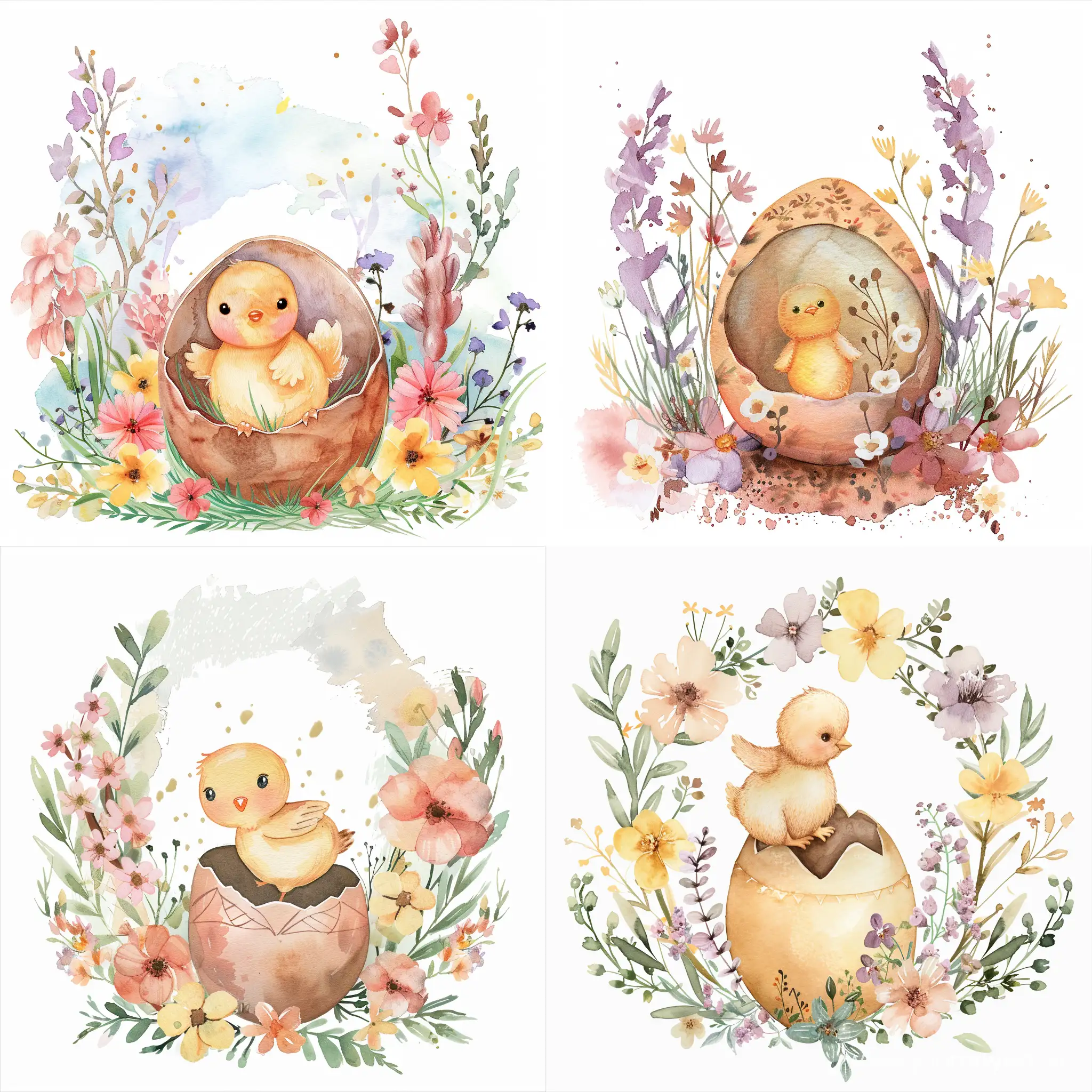 Watercolor clipart, cute Easter chick in an eggshell surrounded by flowers, Pastel color scheme