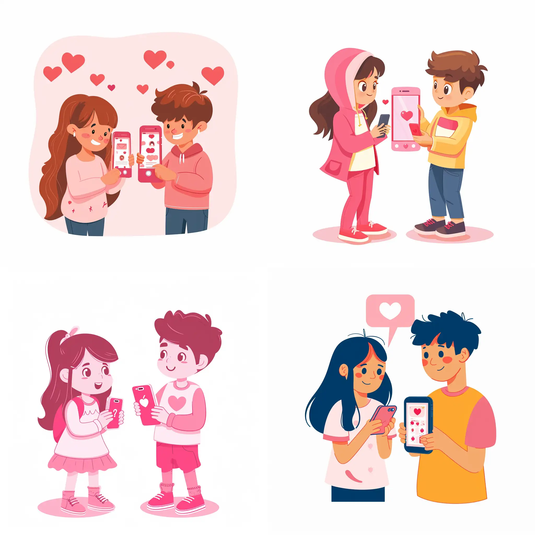 a girl and a boy with their phone in their hand using an apllication to find online freind match, vector mode in pinky color in png format