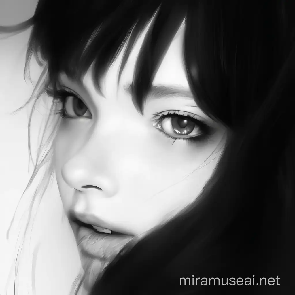 Hyper Realistic Black and White Portrait of a Girl with Long Black Hair in a Virtual Game