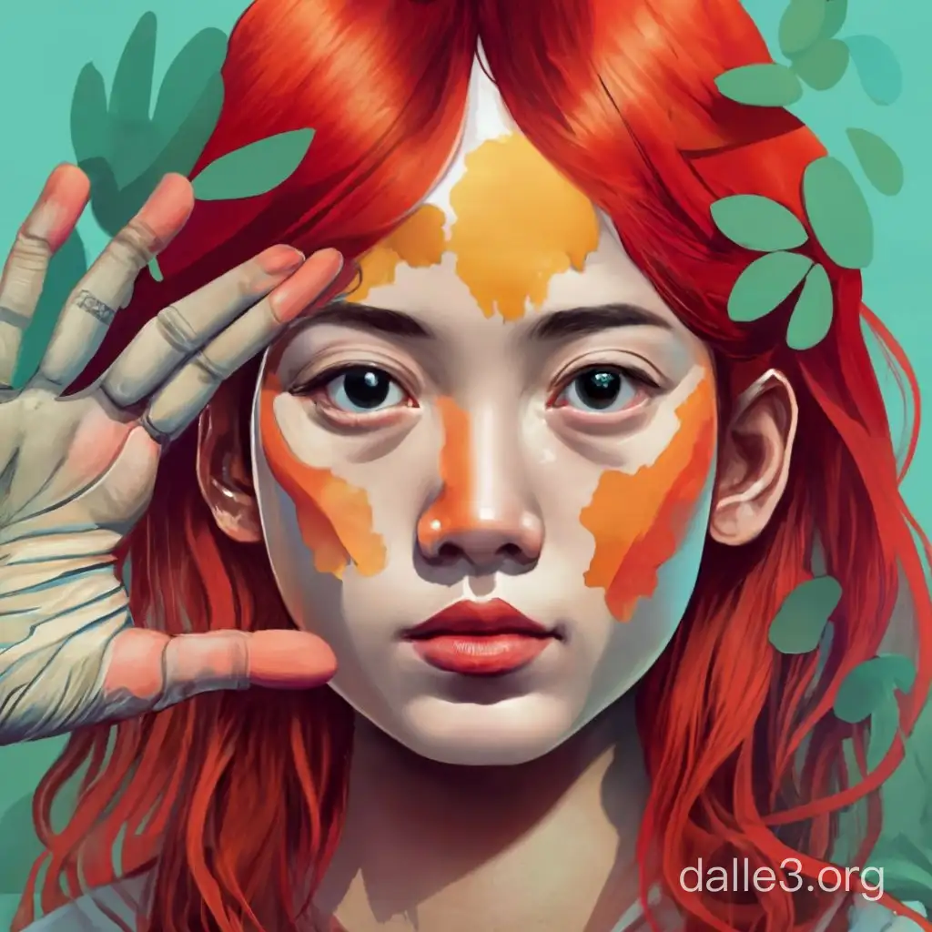 Create image for book front. The book is dystopi about water deficiency and union of China and Russia. The main character is a Chinese young lady with red hair with a congenital disease: wood skin. 