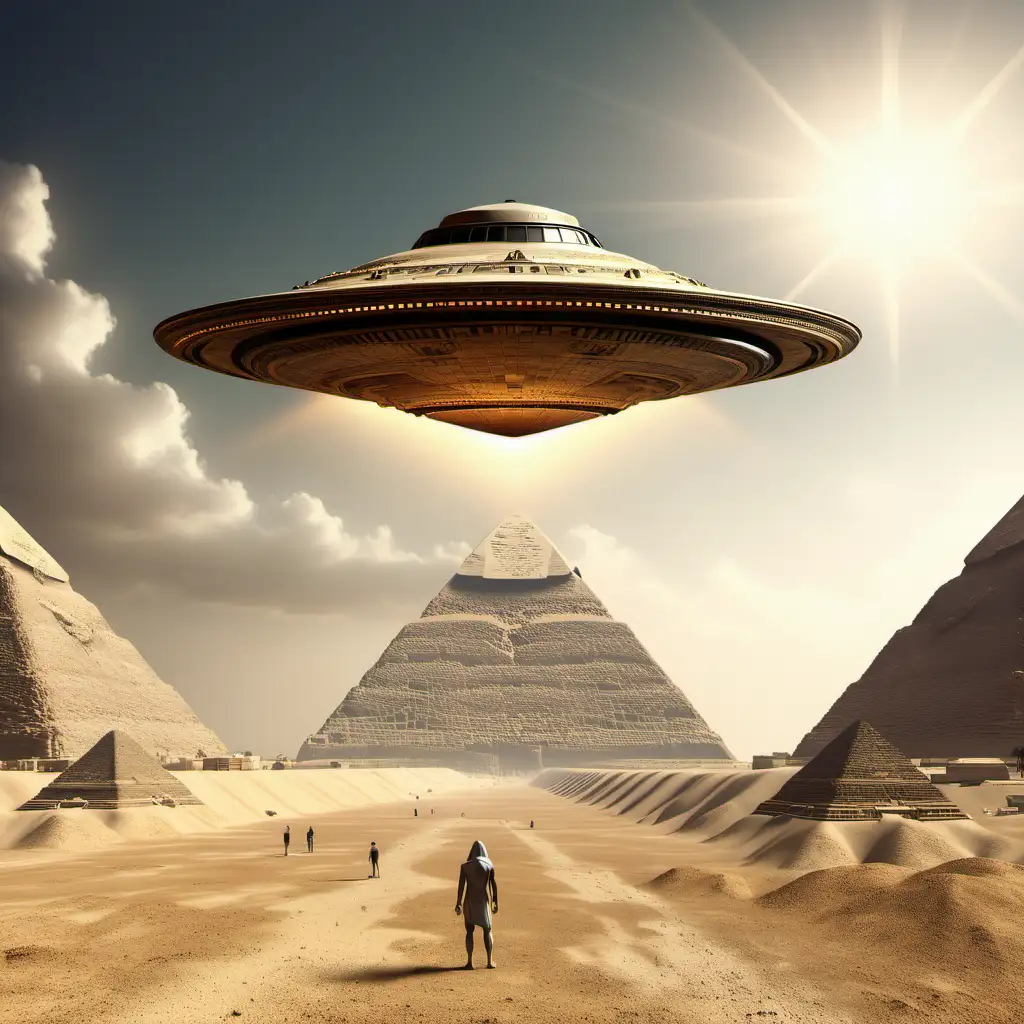 ufo standing in front of Giza pyramid, photorealistic images
