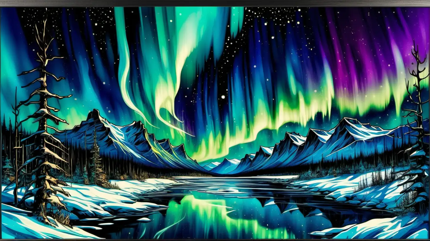 Create a visually stunning AI-generated artwork showcasing the enchanting beauty of the Aurora Borealis, artfully crafted to emulate the unique textures and hues of alcohol inks. Ensure the composition captures the captivating interplay of colors and light associated with the Northern Lights.