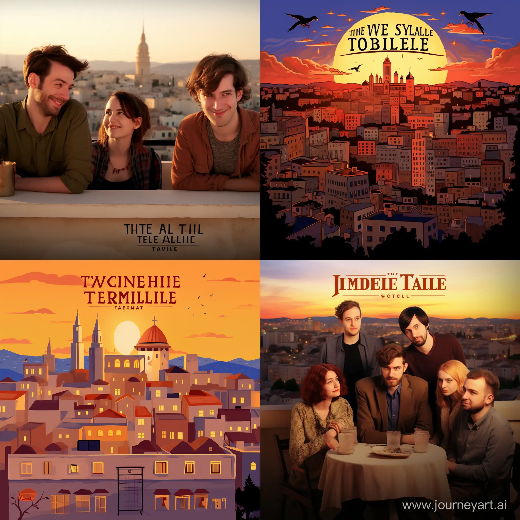 
Create an Indie American Comedy Movie Poster

Title: "Twilight Tales"

Genre: Indie American Comedy

Visual Style:

A rooftop terrace overlooks the captivating old city of Jerusalem during a vibrant sunset, emphasizing warm, golden hues.
Characters possess expressive faces and diverse appearances, hinting at their personalities.
Subtle whimsical elements should be integrated into the scene.
Main Characters (Brief descriptions for reference):

A spirited, unconventional 28-year-old woman wearing a unique pine-shaped bachelorette cock antenna headband.
Three lively, early 30s female friends radiating joy and camaraderie.
A charming, approachable 20-year-old male cleaning worker with a friendly demeanor.
Two warm and kind elderly ladies enjoying the moment.
Key Elements to Include:

The four women lounging on comfortable terrace loungers beside a luxurious rooftop swimming pool against the stunning Jerusalem skyline during sunset.
The group of friends should exude lively and joyful energy, contrasting with the slightly disinterested expression of the woman wearing the cock antenna headband.
In the background, the young cleaning worker handing towels to the two elderly ladies with a subtle exchange of smiles.
Text on the Poster:

"Twilight Tales" as the prominent title.
Tagline: "When the sun sets, unexpected stories unfold."
Optional: Credits, release date, and standard film poster text elements.
Mood/Emotion:

Capture a whimsical, heartwarming tone reflecting the indie American comedy style amidst the picturesque setting.