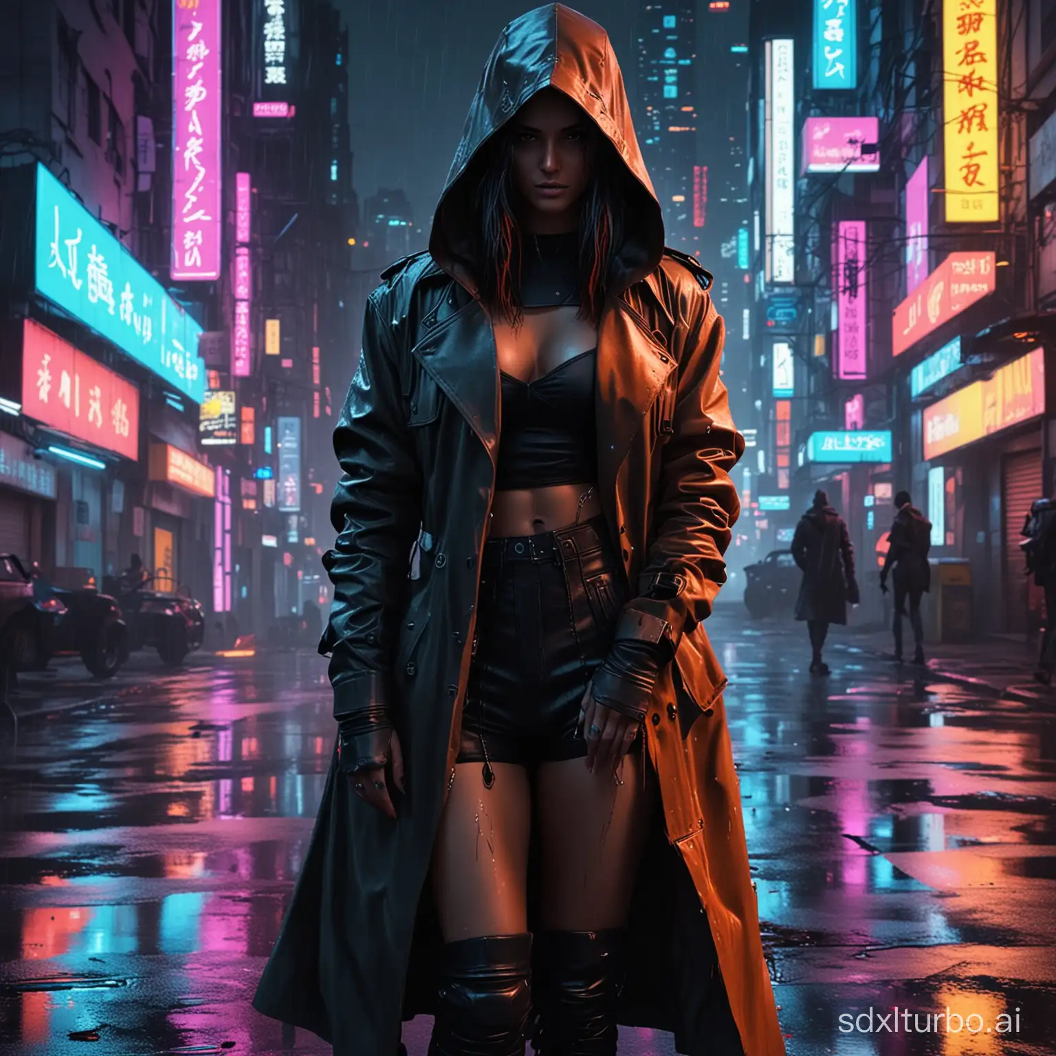 photorealistic cyberpunk city at night, bright neon lights, trash littering the streets, shadowed muscley female character silhouette with long trench coat and hood standing in the middle of a wet street, intense vivid colors