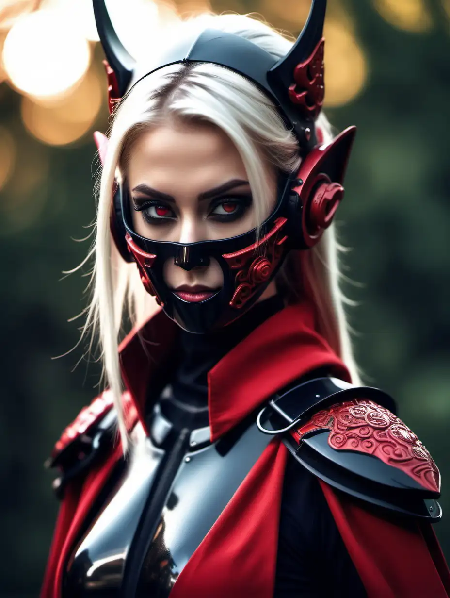 Beautiful Nordic woman, very attractive face, detailed eyes, elf ears, slim body, dark eye shadow, wearing a black and red samurai sci-fi cyber suit, wearing a closed helmet with visor covered face, long cape, close up, bokeh background, soft light on face, rim lighting, facing away from camera, looking back over her shoulder, photorealistic, very high detail, extra wide photo, full body photo, aerial photo