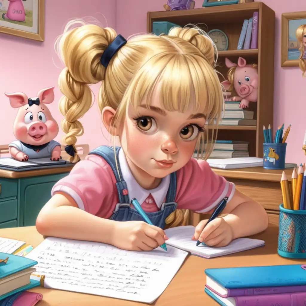 cartoon young girl with blonde hair wearing pig tails is sitting at a desk writing a list, in the background is a childs bedroom 