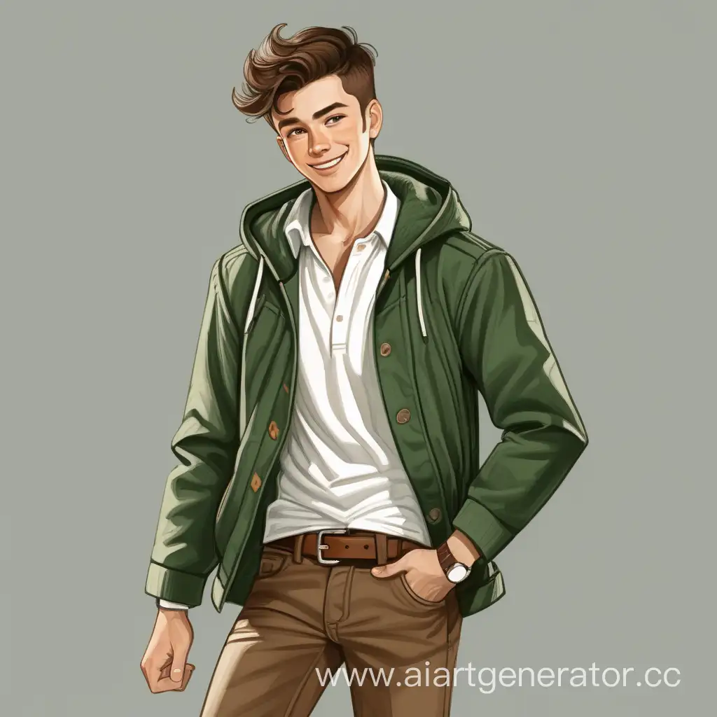Нарисованный Веселый парень шатен, в тёмно-зеленой куртке, белой рубашке, коричневый ремень, темные штаны, белые кроссовки