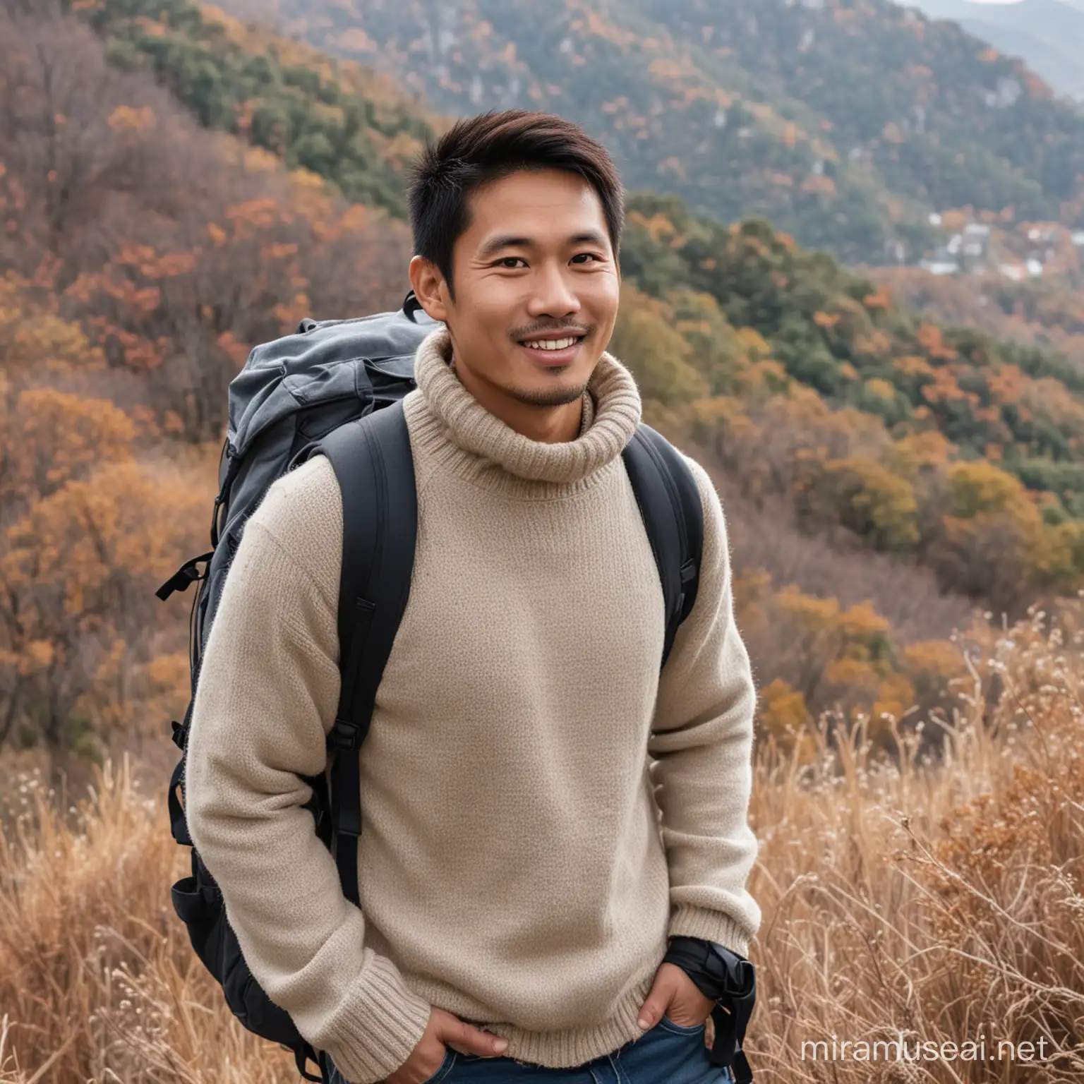 A 33 year old Asian young man, standing on a mountain hill, wearing a sweater, jeans, backpack, gloves, high cliff, lots of trees, faint smile, posing