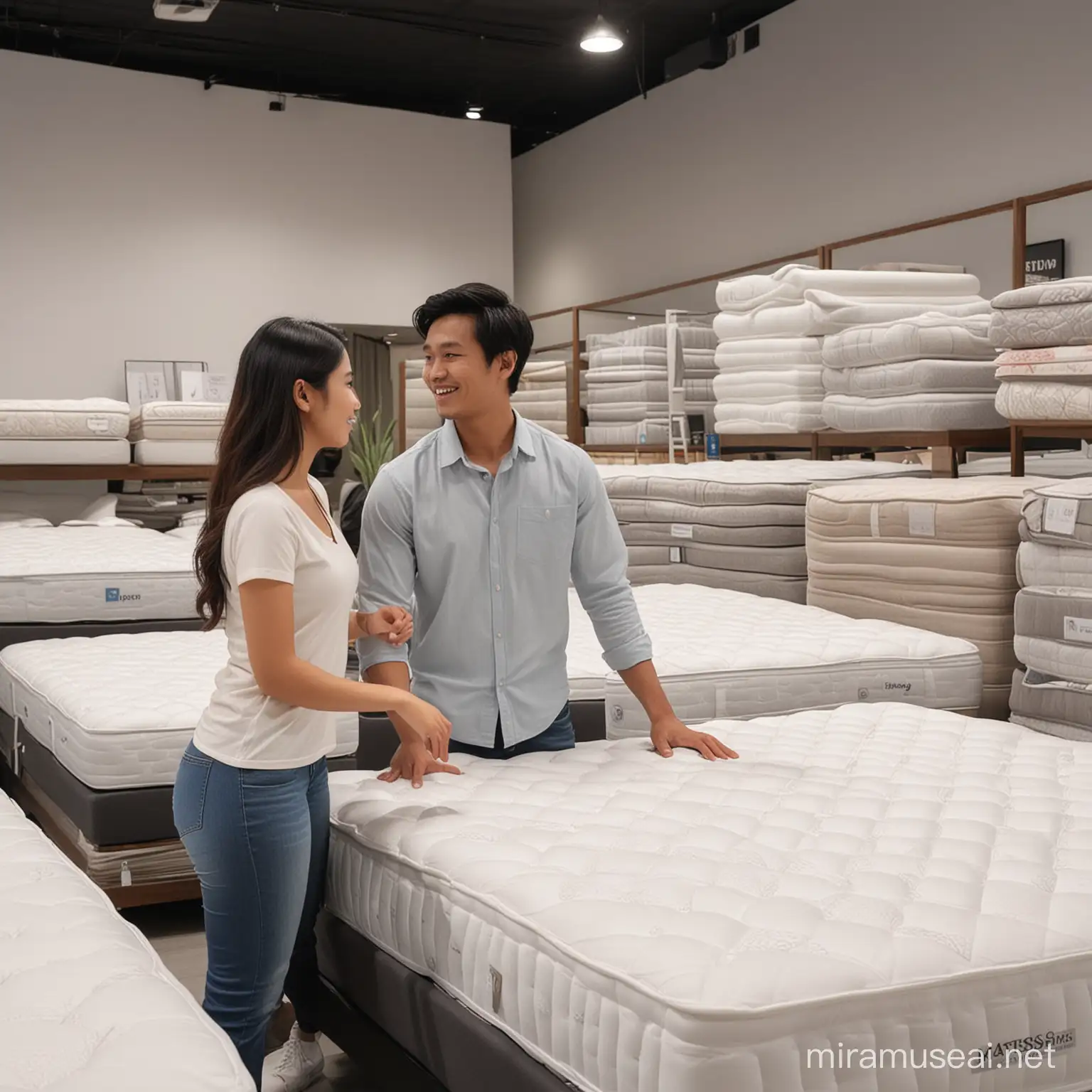 realistic, HD, a young Indonesian couple is in a mattress shop choosing a good mattress, several mattress models are seen in a furniture store showroom,